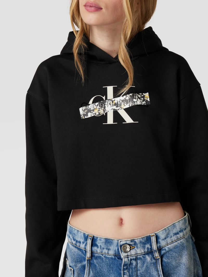 Cropped Hoodie mit Logo-Print Modell 'FLORALS' in black