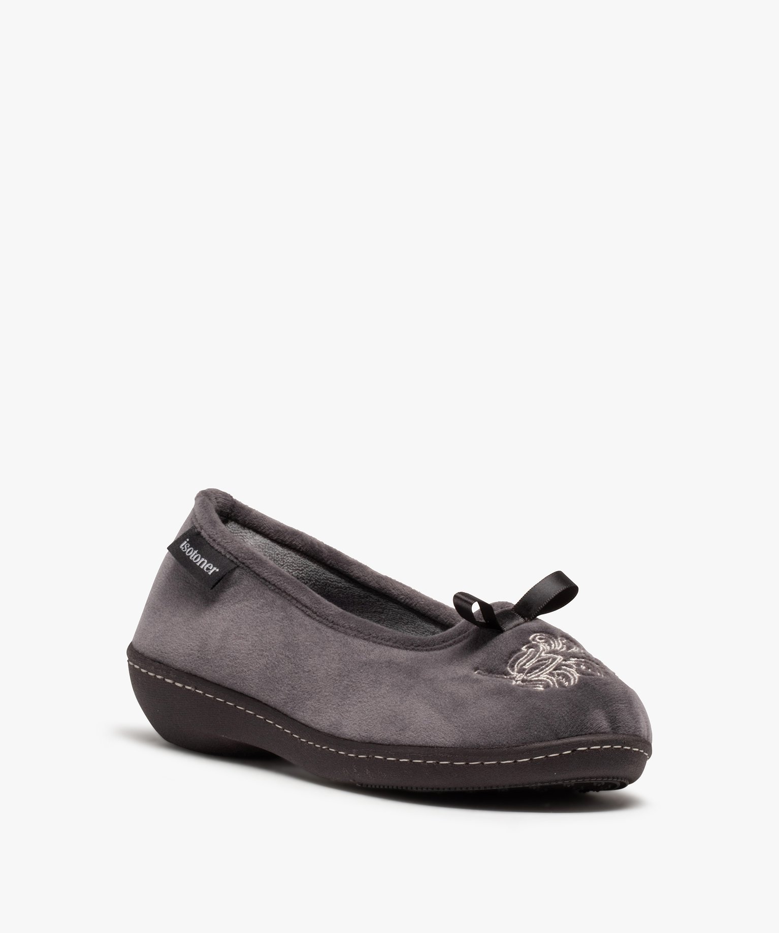 Chaussons femme ballerines confort en velours - Isotoner gris | GEMO
