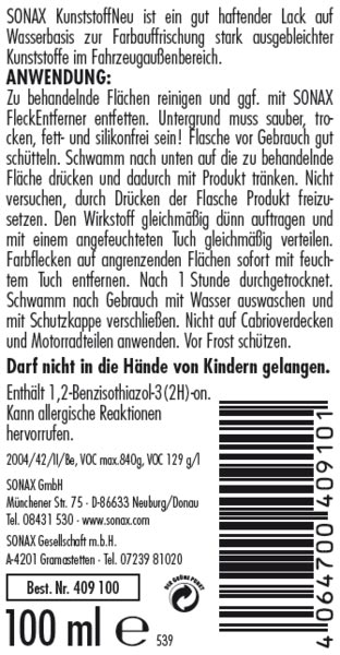 SONAX 409100 Kunststoff Neu Schwarz 100 ml - ATU