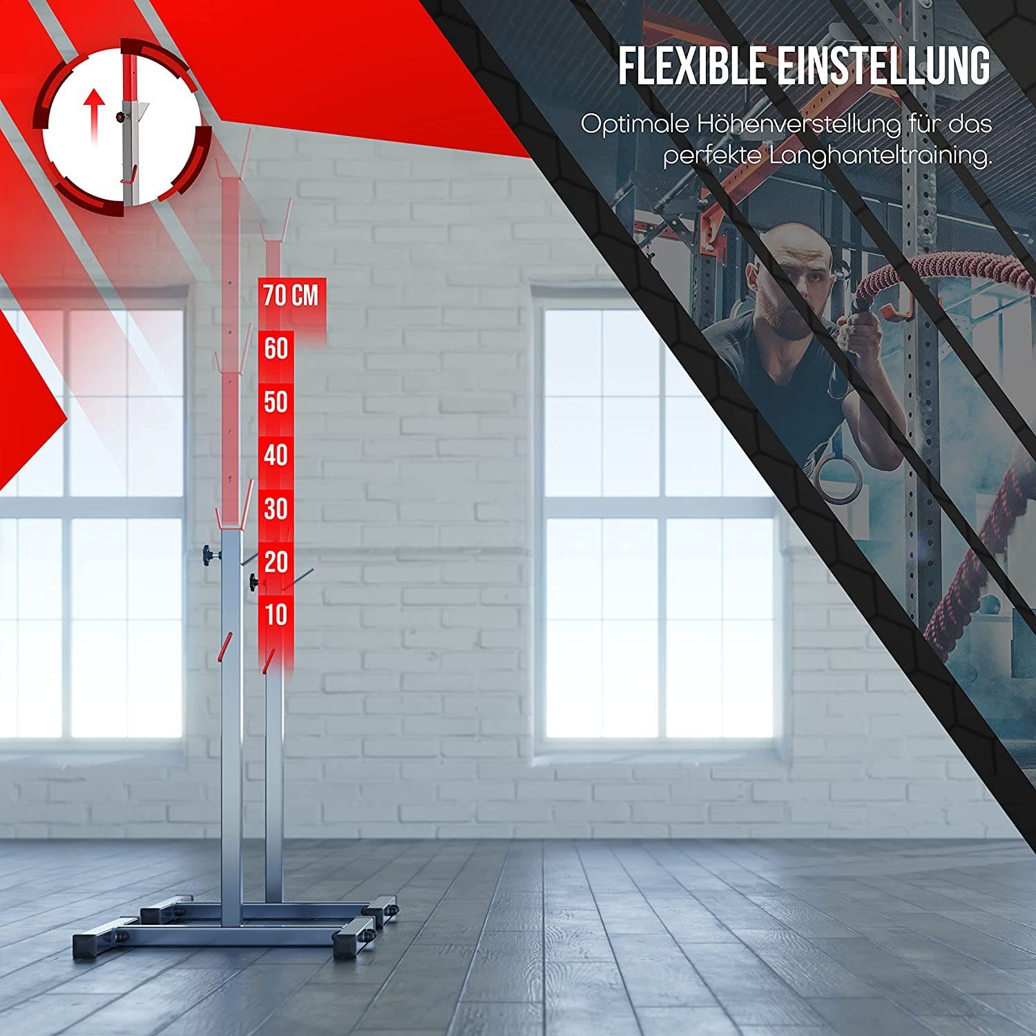 K-SPORT Langhantelstange Langhantelablage I bis 180kg verstärkt zum effektiven Muskeltraining, (Squat-Rack für Langhanteltraining I Kniebeugenständer, Professionelle Fitnessgeräte für Zuhause), Made in EU!