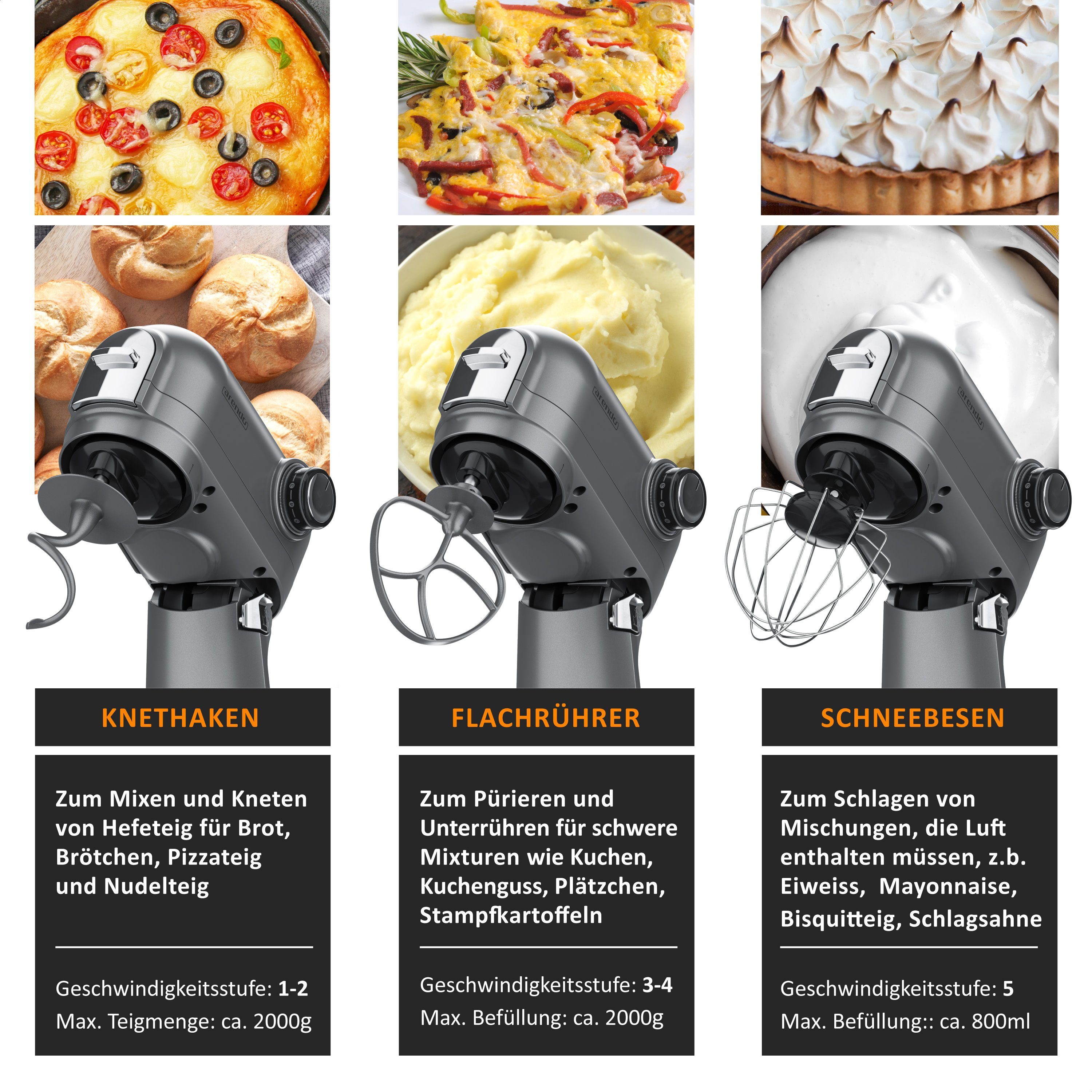 Arendo Küchenmaschine, 1200 W, Knetmaschine 5L, inkl. 3 Rührwerkzeuge, Rührmaschine mit 1200 W