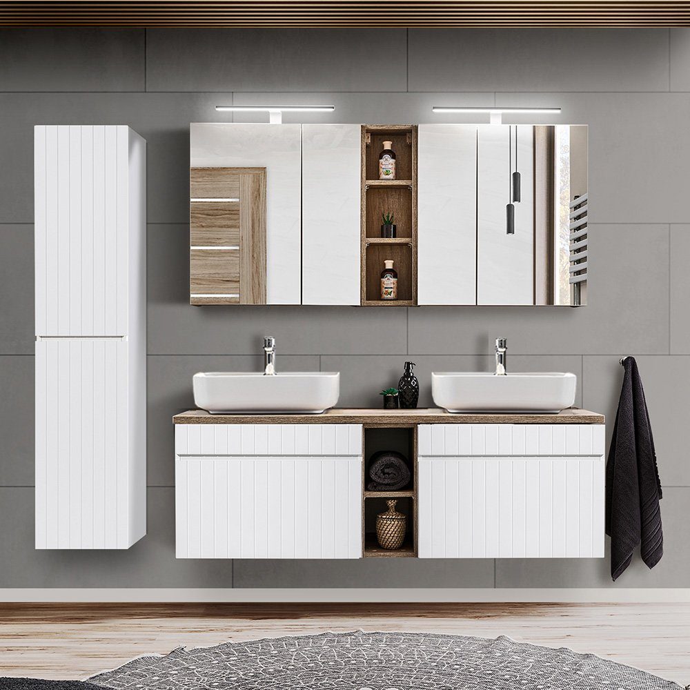 Lomadox Badmöbel-Set IRAKLIO-56, (12-St), Eiche Doppelwaschtisch Keramik Waschbecken Spiegelschränke Hochschrank