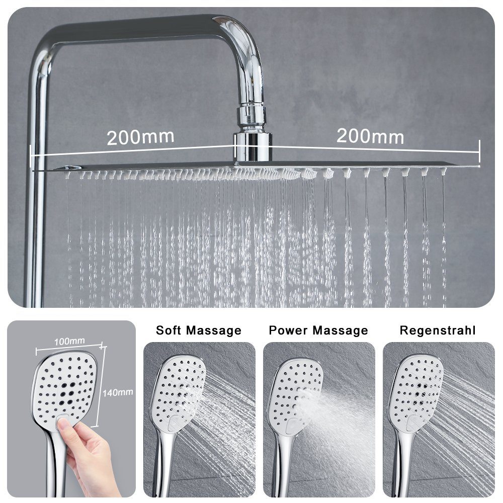 JOHO Duschsystem Chrom-Duschsystem, Duschvorrichtung, Dusch, Höhe 114 cm, 3 Strahlart(en), Überkopfbrauseset, Kopfbrause 20*20cm eckig