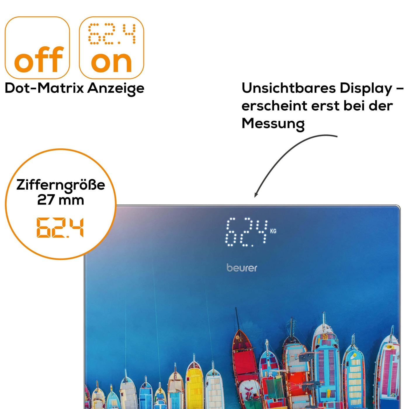 Beurer Boats Glaswaage GS 215-Personenwaage aus Glas mit unsichtbarem Magic-Display - bis 180 kg