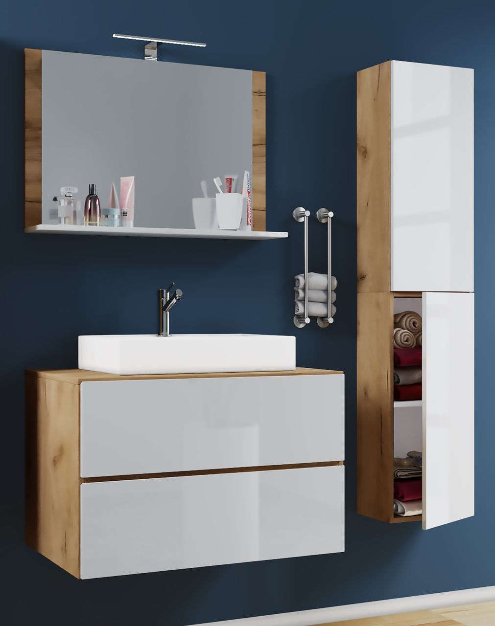 VCM Badblock Lendas L 80cm Unterschrank   Spiegel   1 Seitenschrank Honig-Eiche/Weiß