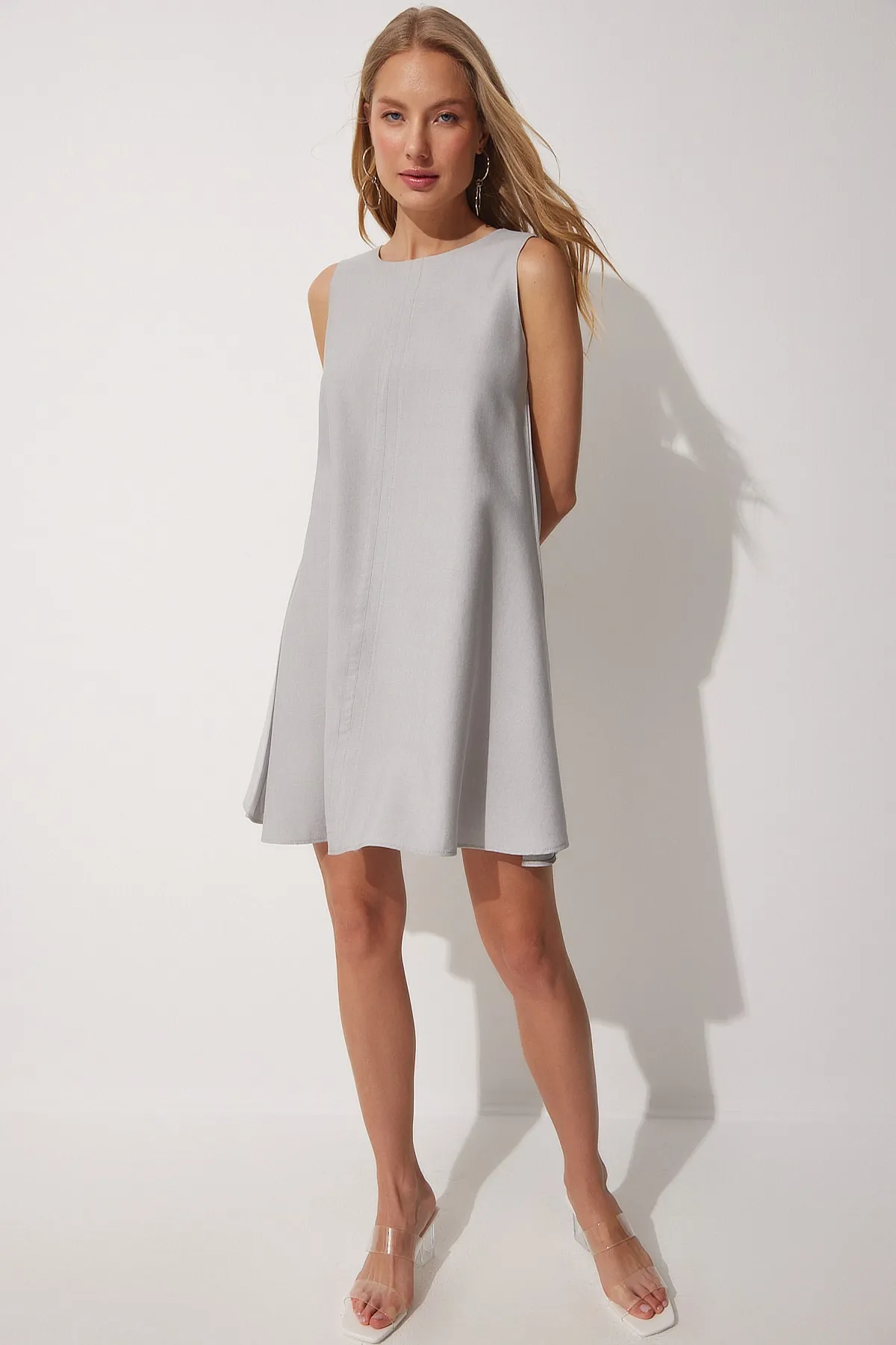 Happiness İstanbul  Steingraues, gewebtes A-Linien-Sommerkleid für Damen BF00067