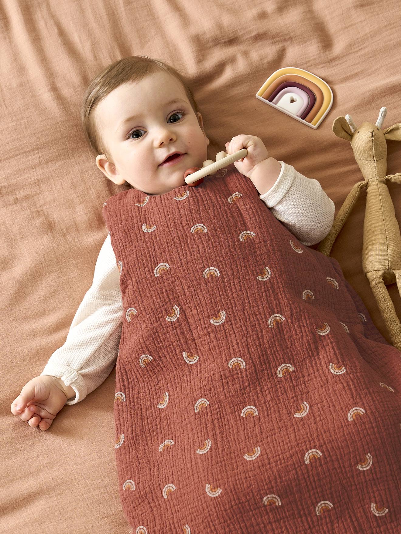 Gigoteuse sans manches en gaze de coton bio* personnalisable HAPPY SKY marron imprimé
