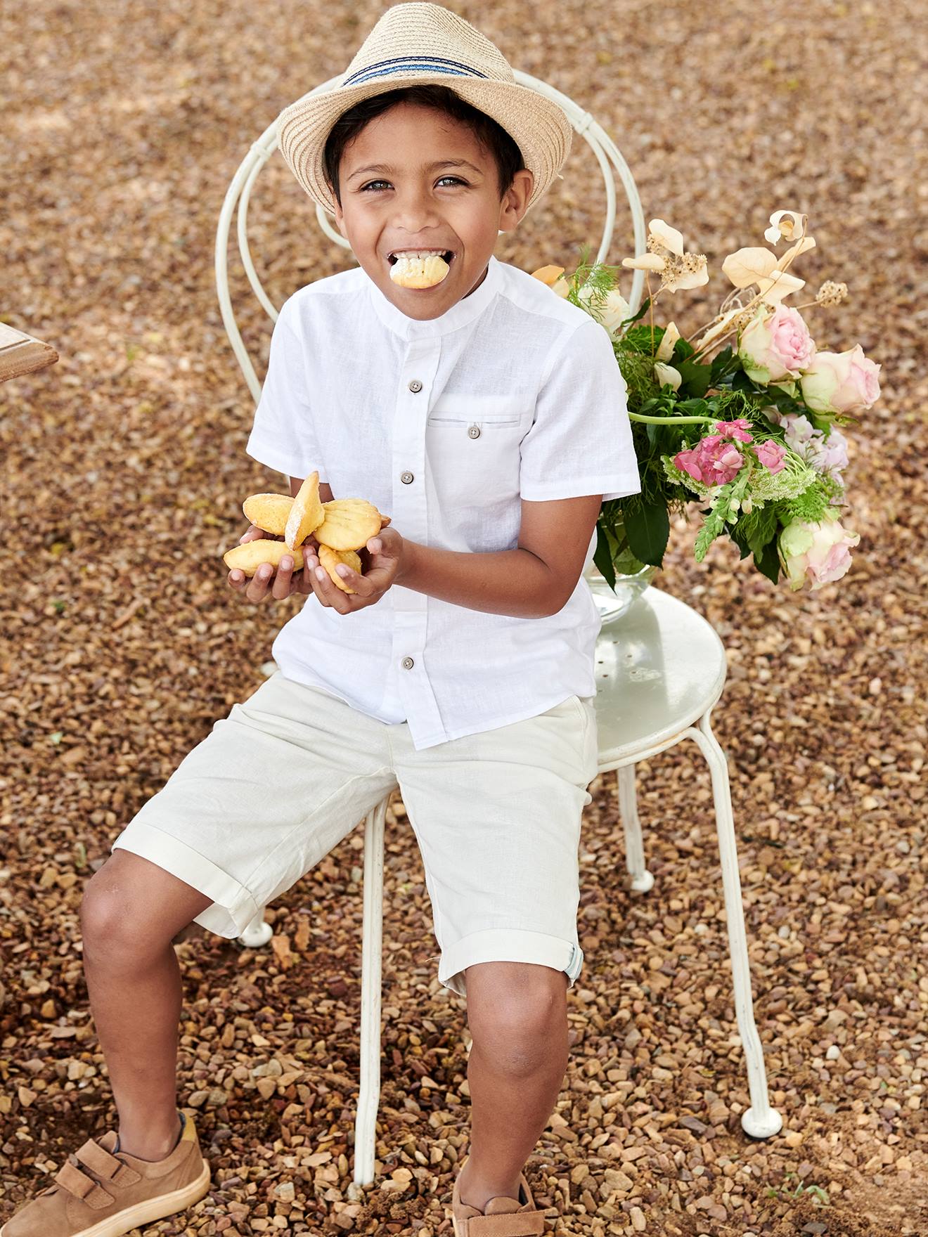 Chemise col Mao garçon en coton/ lin manches courtes blanc