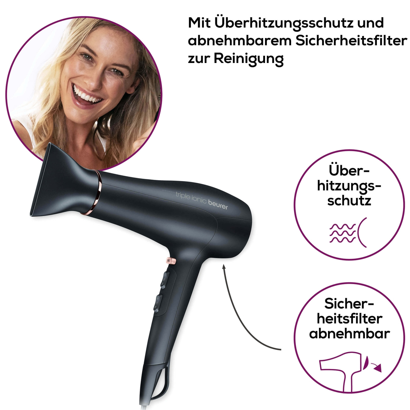 Beurer Haartrockner - HC 50-Haarschonender Föhn mit 2 Aufsätzen & 3-stufiger Ionen-Technology