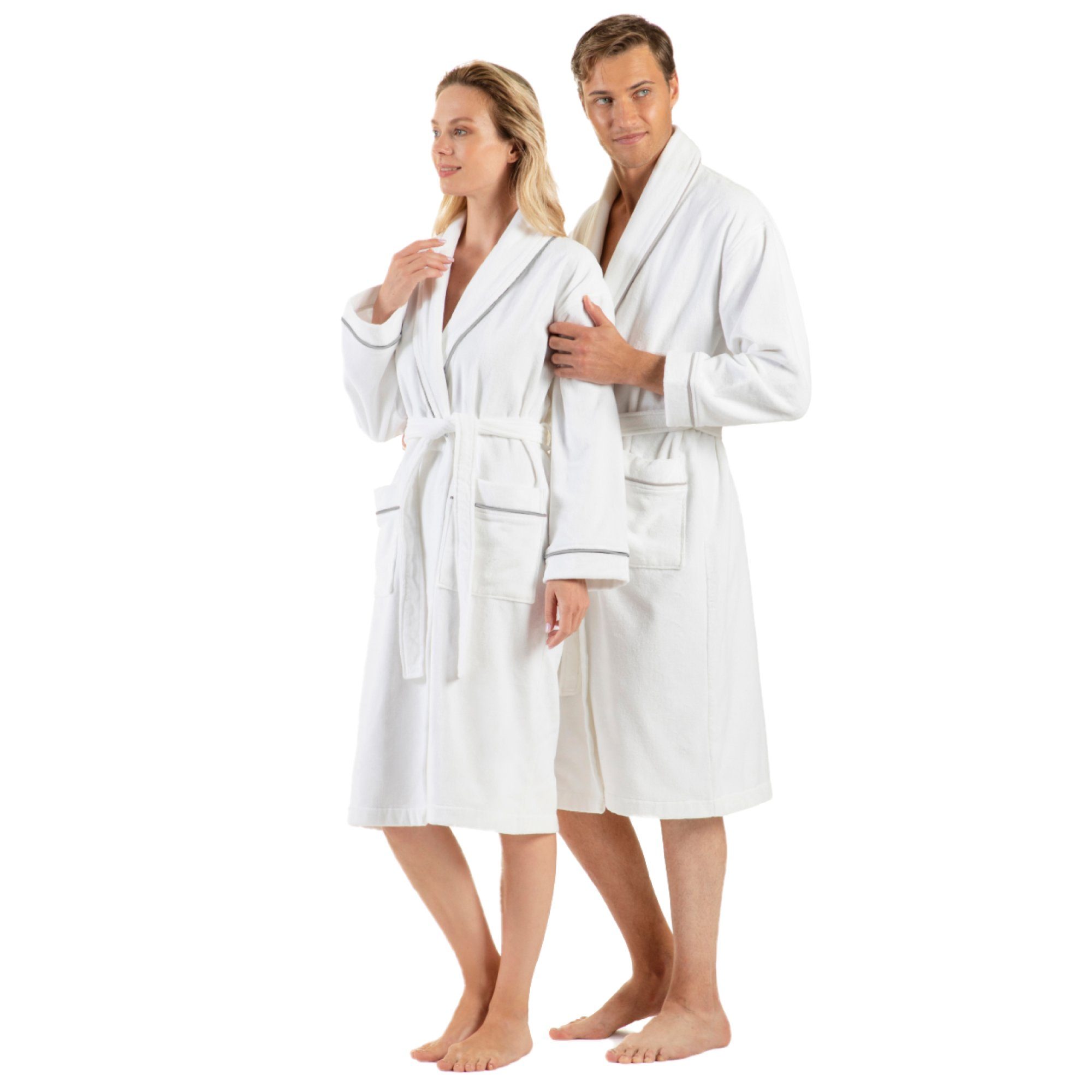 English Home Bademantel Premium Damen Bademantel, Herren Bademantel, Unisex, 100% Baumwolle, Kapuze, Bindegürtel, Schalkragen Weicher