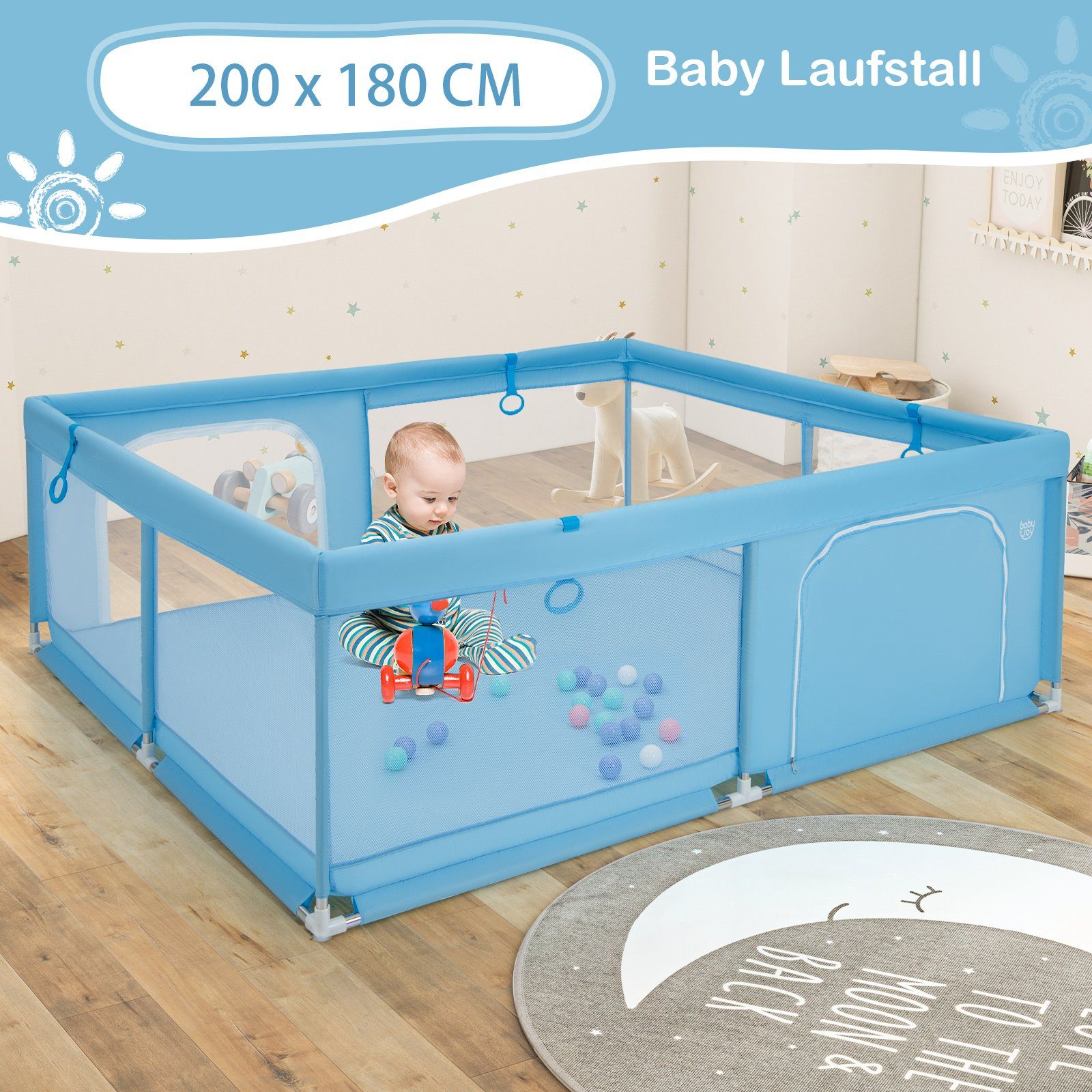 COSTWAY Laufstall Baby Laufgitter, 200 x 180cm, mit 50 Bällen
