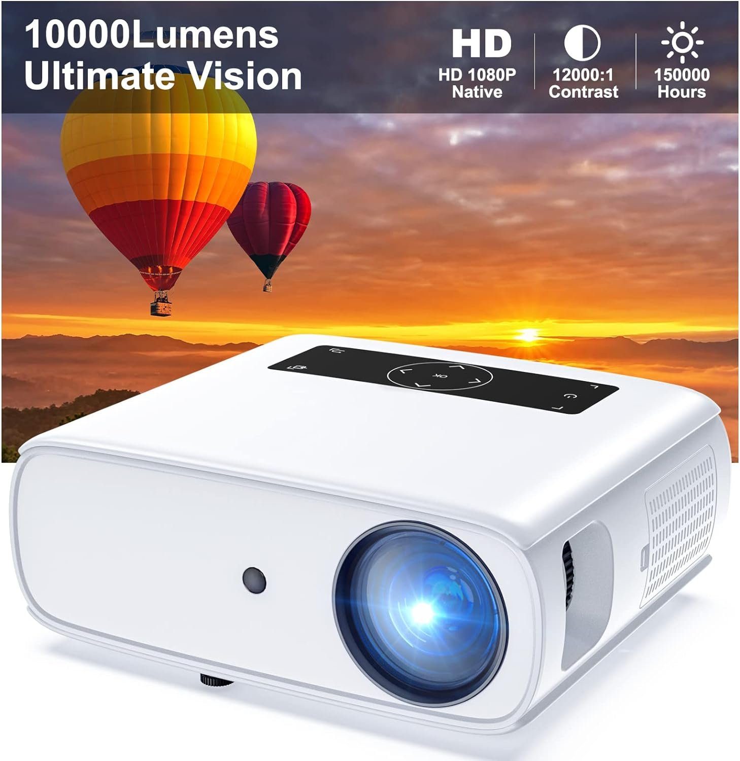 HOPVISION Native 1080P 4K unterstützt Portabler Projektor (10000 lm, 12000: 1, 1920x1080 px, Maximal 350''Display langlebig, vielseitig vernetzbar mit SRS-Sound)