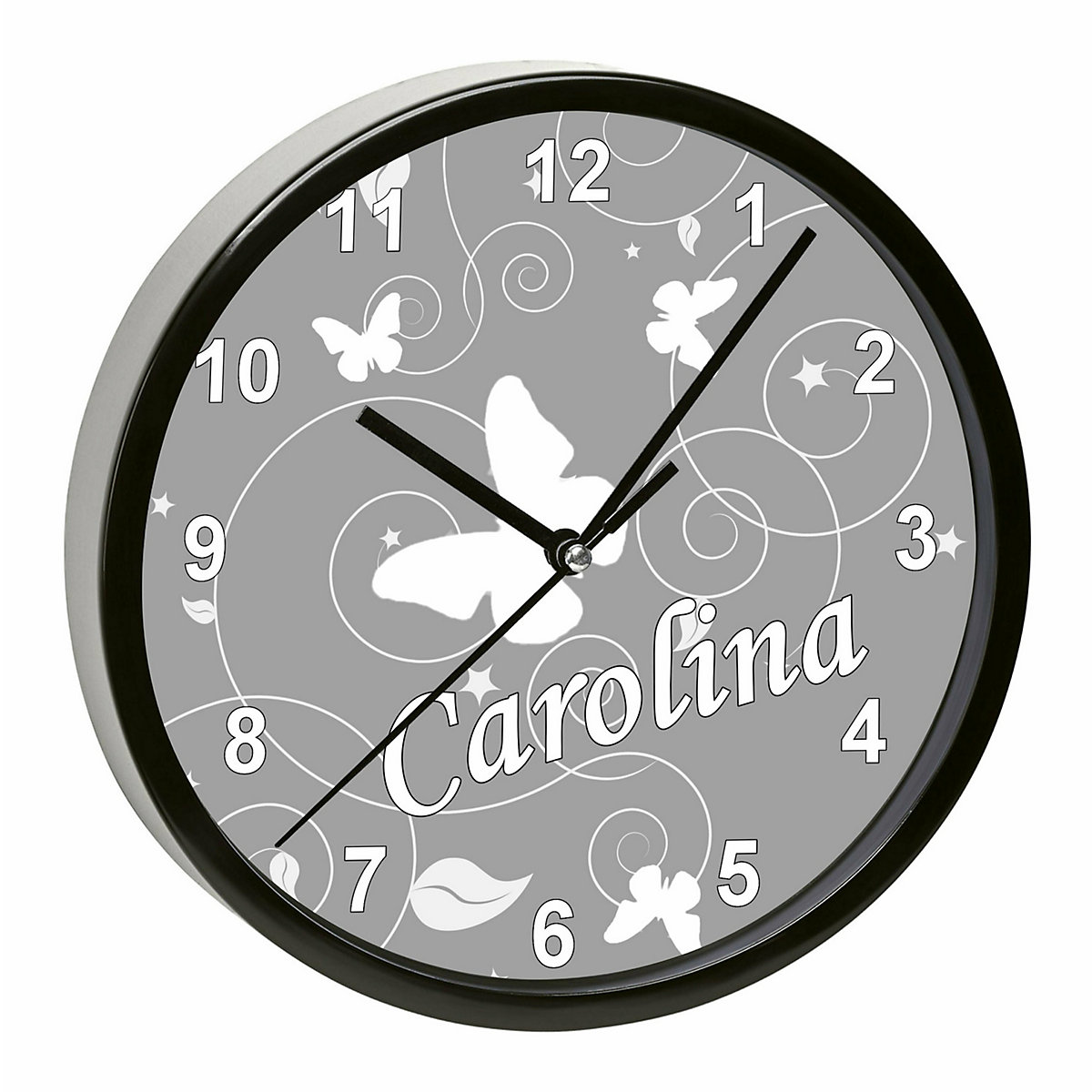 Kinder Wanduhr personalisiert mit Name Schmetterling Ornamente grau