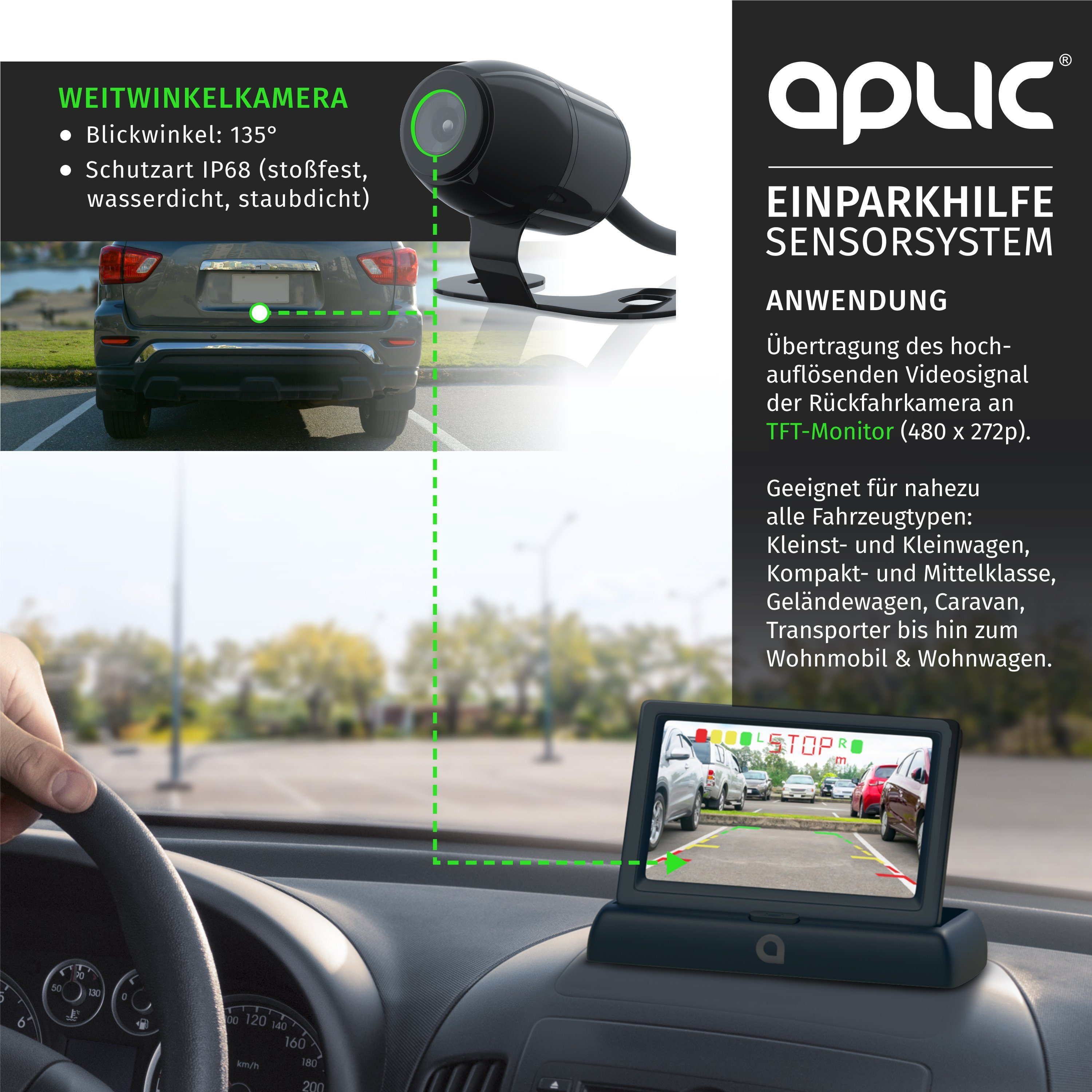 Aplic Rückfahrkamera (Einparkhilfe mit 4x Parksensoren, Kamera & 4,3