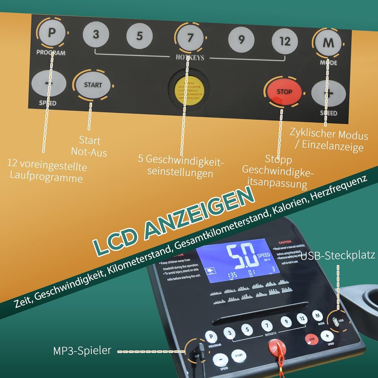 HOMCOM Laufband, Elektrisches Laufband mit LCD-Display USB- und MP3-Player Faltbares