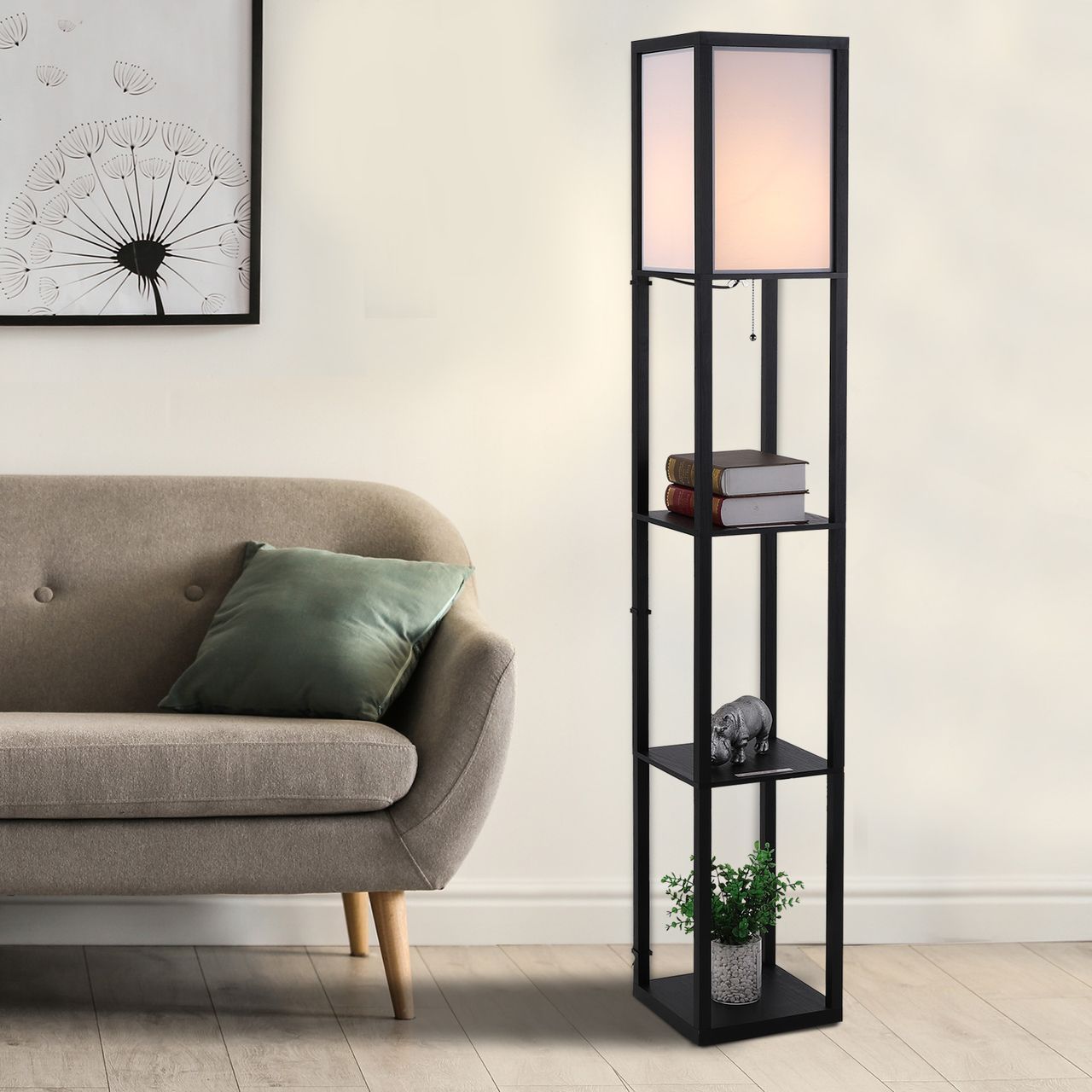 HOMCOM Stehleuchte mit Regalen Innenbeleuchtung Stehlampe E27 bis 40W Holzregal