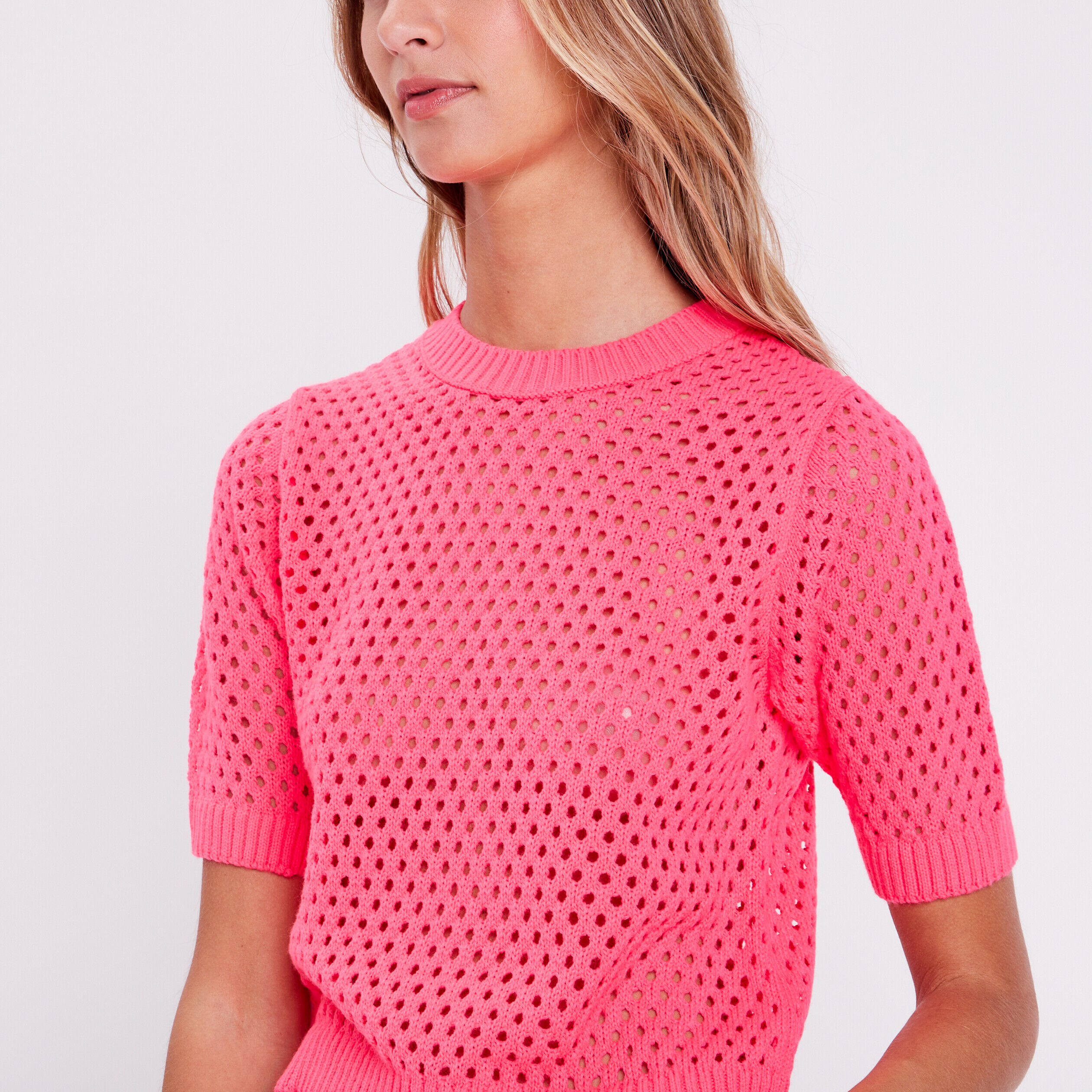 Pull manches courtes ajouré rose vif femme | Cache Cache