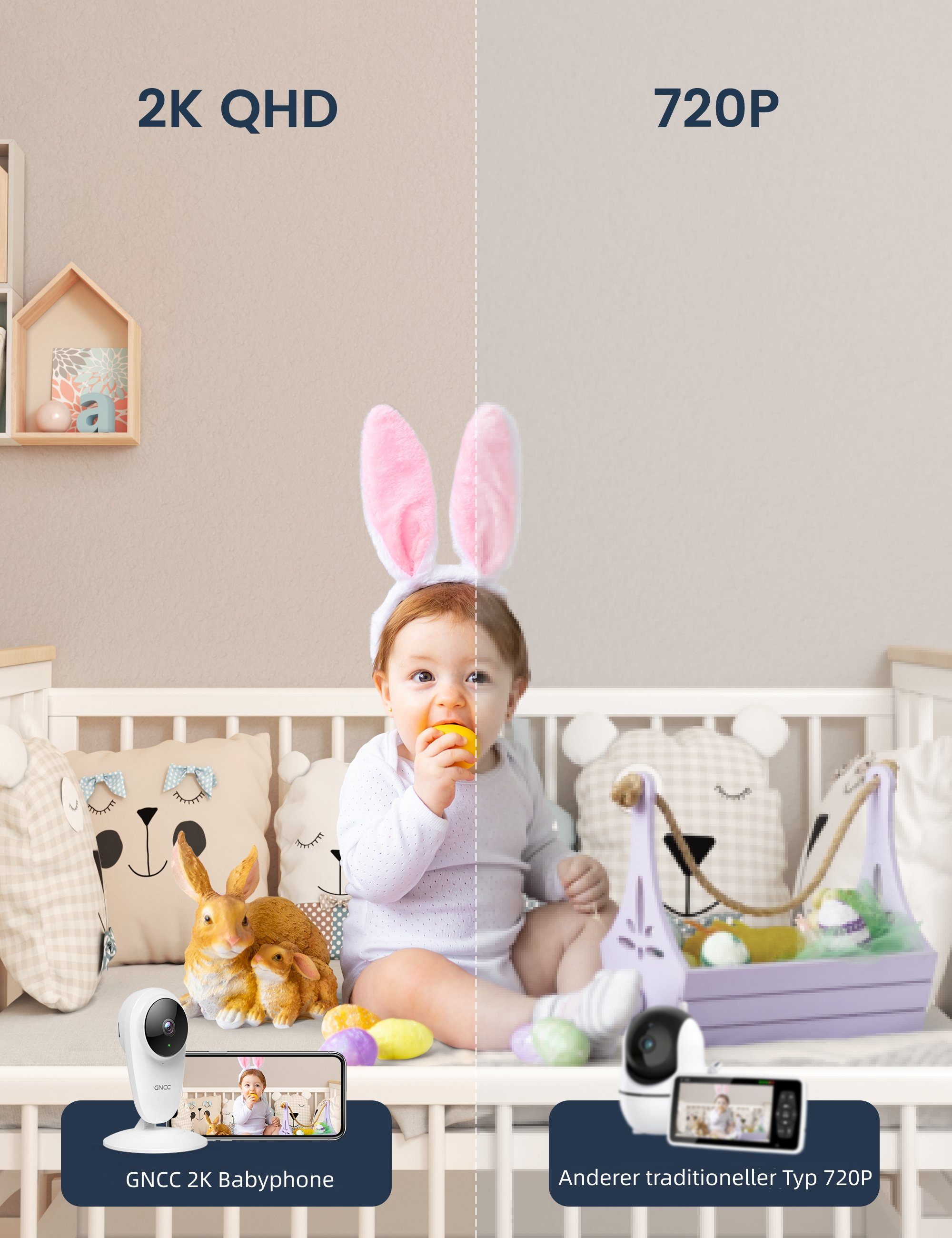 GNCC Babyphone mit Kamera, WLAN Überwachungskamera Innen mit APP 2.4G, 1-tlg., für Babys/ältere Menschen/Haustiere