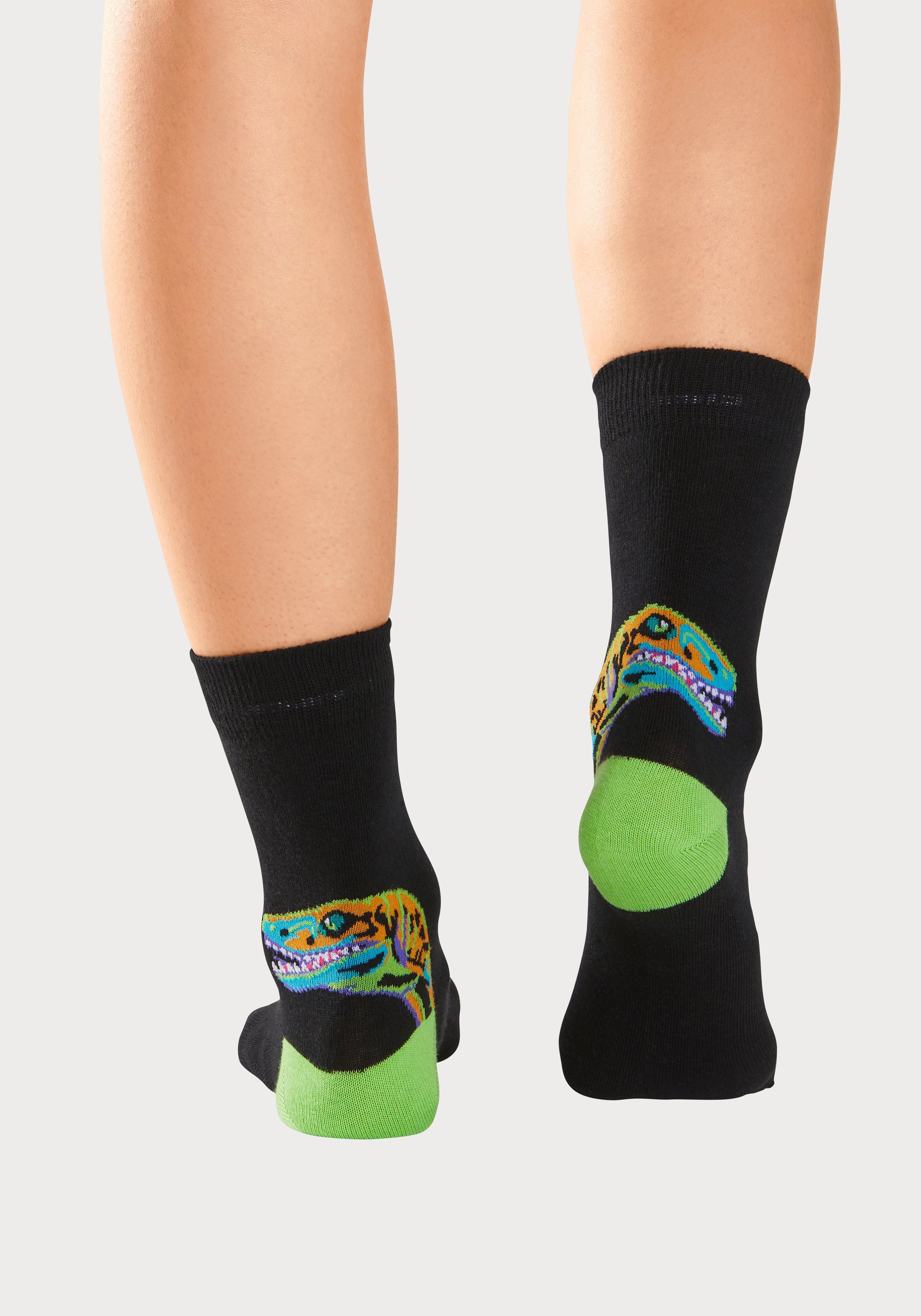 H.I.S Freizeitsocken (Packung, 5-Paar) mit farbenfrohen Dino Motive über der Ferse