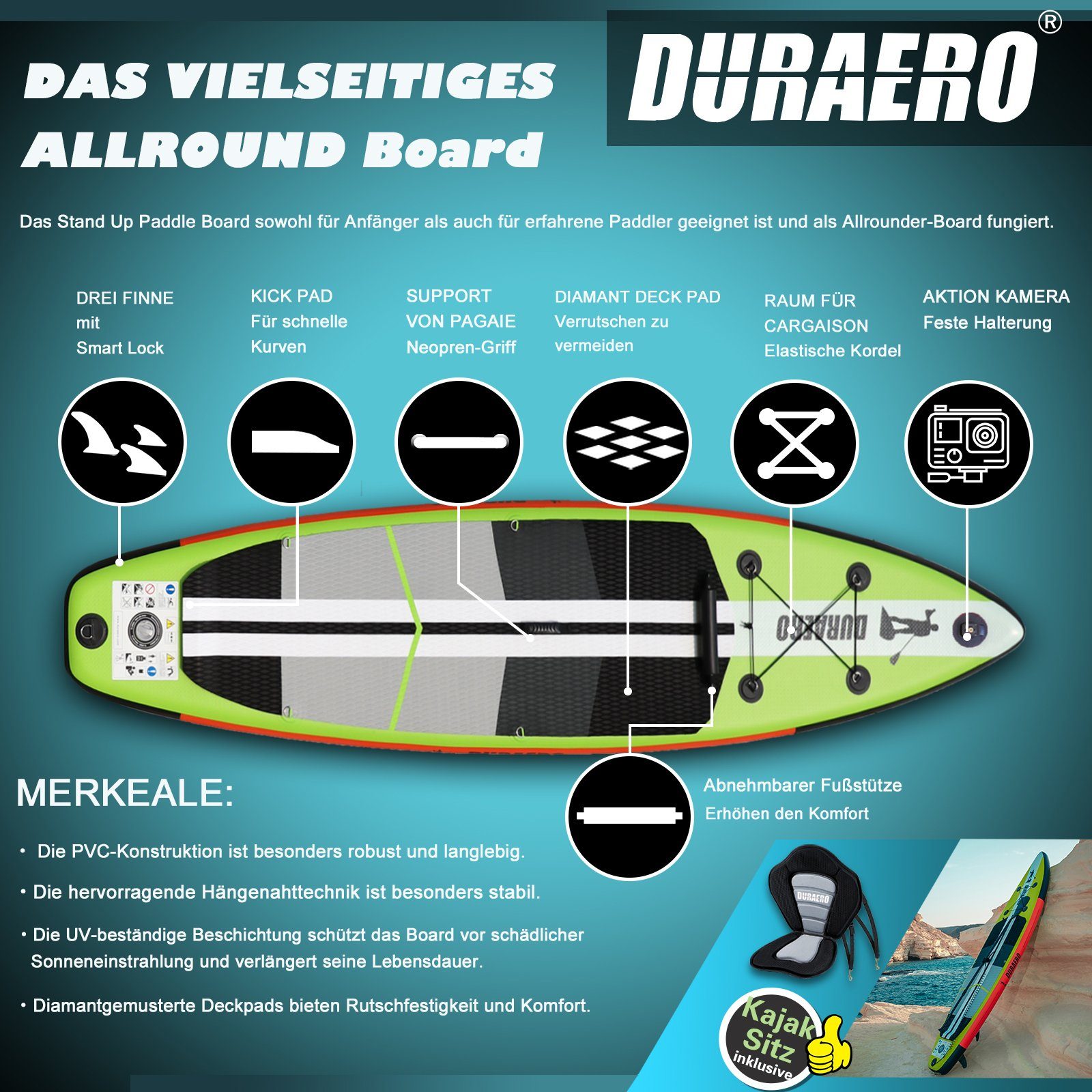 DURAERO Inflatable SUP-Board Stand up Paddling Board, 330x76x15cm, Action-Cam Halterung, bis 150kg