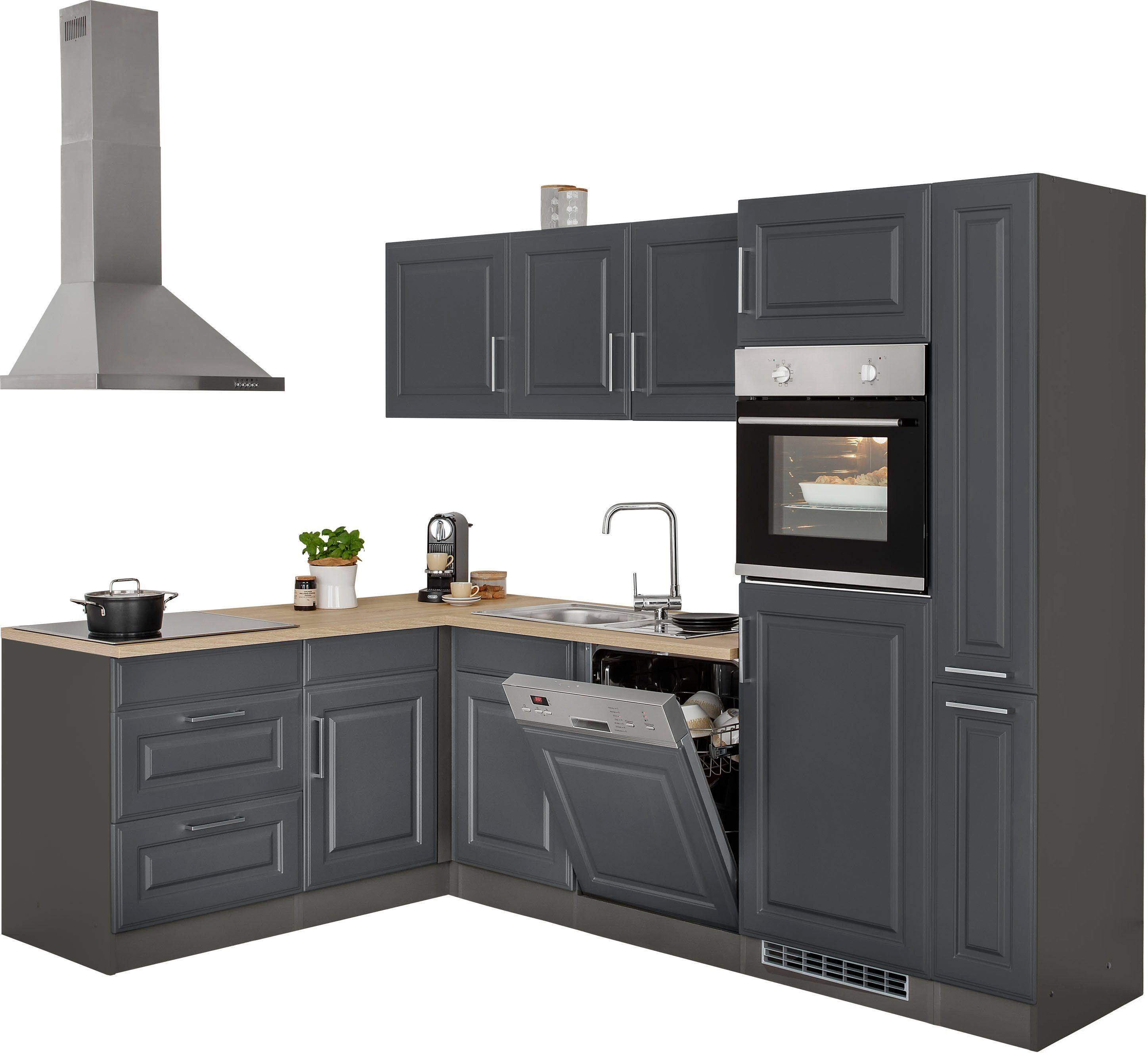 HELD MÖBEL Winkelküche Stockholm, Stellbreite 260/170 cm, mit E-Geräten, MDF Frontenl
