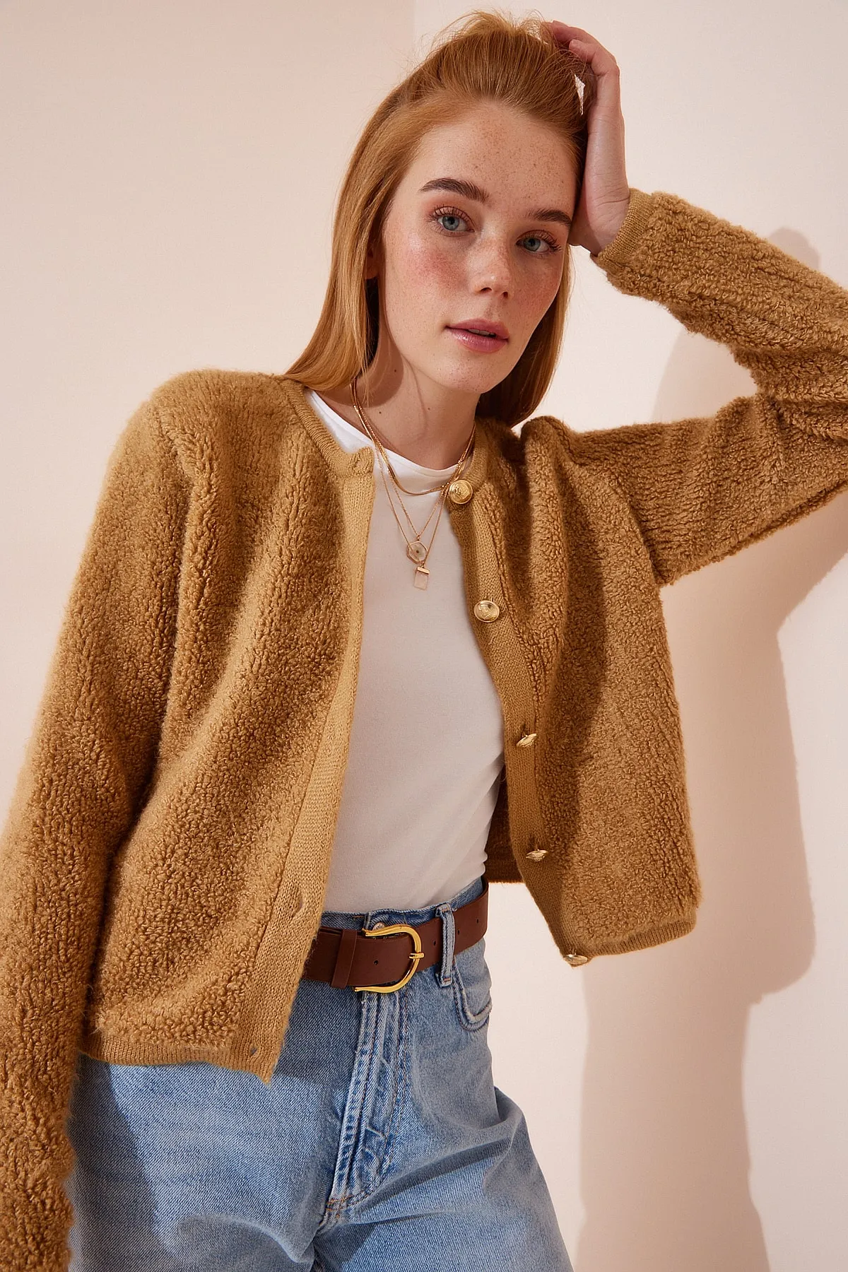 Happiness İstanbul  Damen Biscuit Bouclé Strickjacke Cardigan YY00117