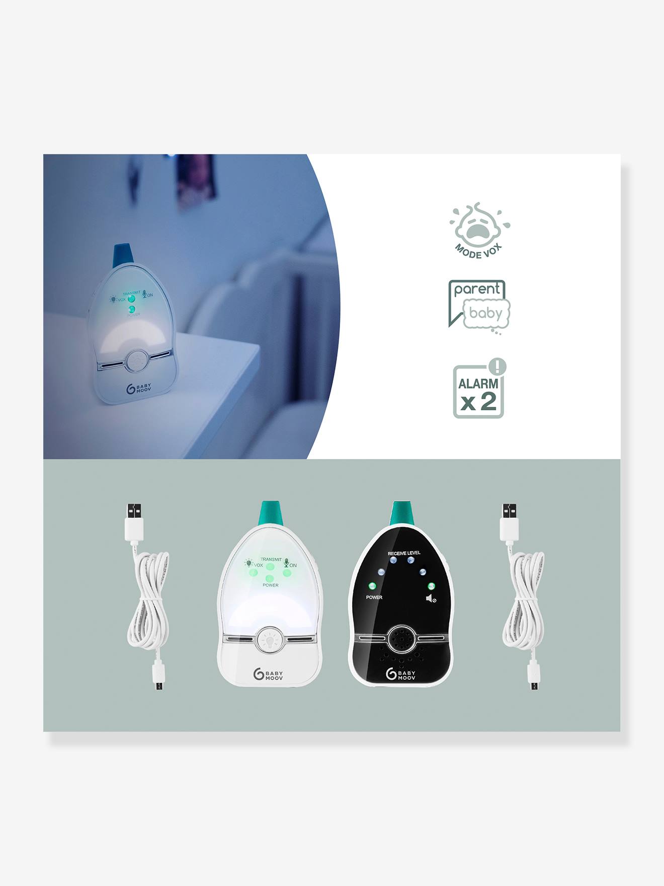 Ecoute-bébé Easy Care portée 500 mètres BABYMOOV blanc/noir