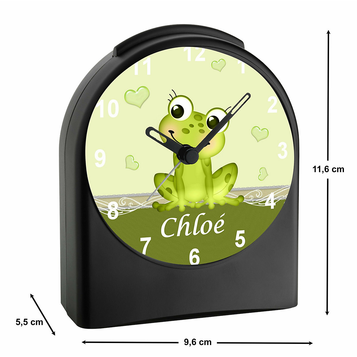 Kinder Funkwecker personalisiert mit Namen Frosch Atom-/Funkuhr, 12-Stunden-Anzeigeformat, Schlummerfunktion, Nachtlicht, Geräuschlos/Ohne Ticken