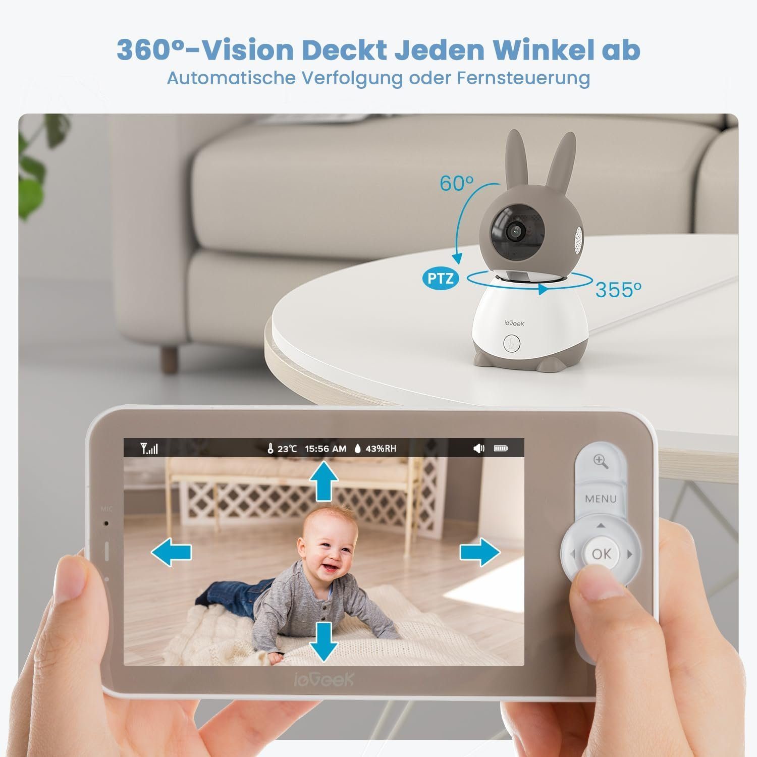 ieGeek Babyphone Babyphone mit Kamera 2K 3MP 5 Zoll WLAN Video babyfone PTZ 355°, 5