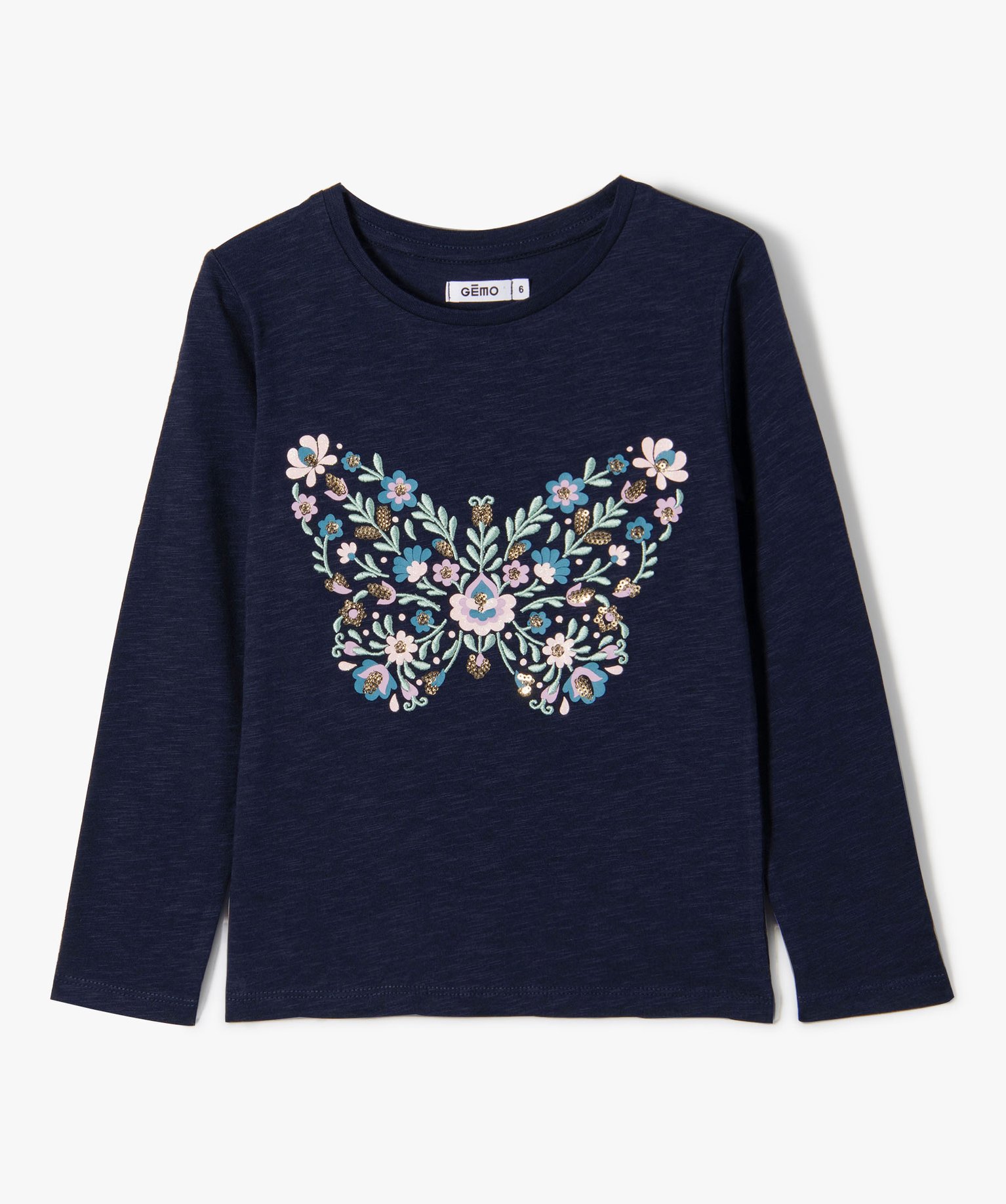 Tee-shirt à manches longues avec motif brodé fille marine | GEMO