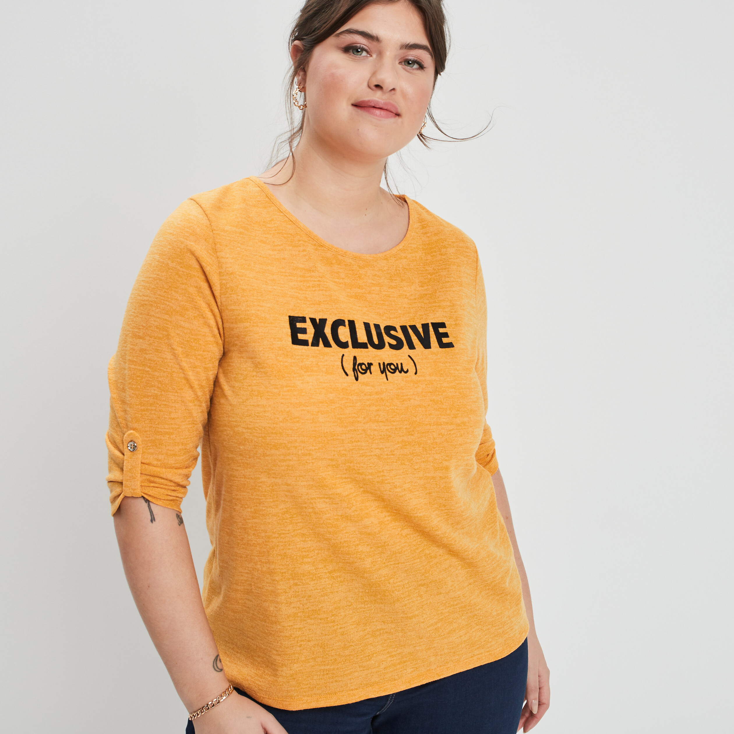 Pull manches 3 4 col rond jaune moutarde femme grande taille | La Halle