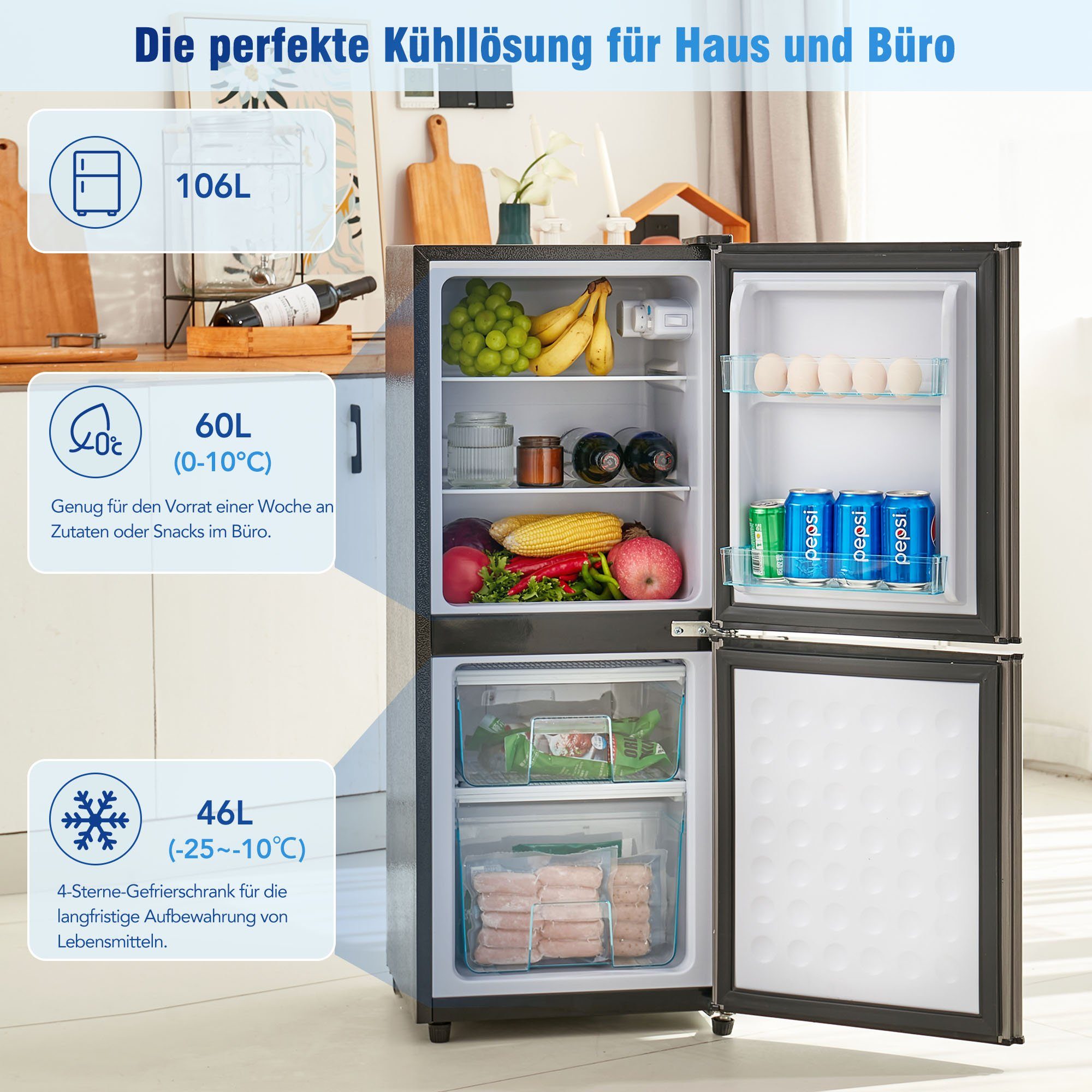 Merax Kühlschrank Kühl-/Gefrierkombination BCD-106W, 101.8 cm hoch, 42.5 cm breit, 106 Liter, LED-Beleuchtung, verstellebare Ablage und Füße