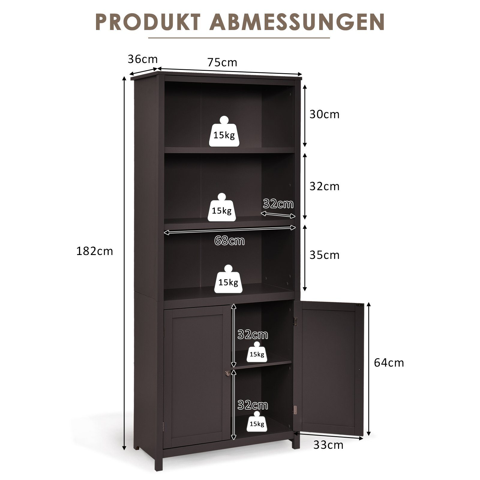 COSTWAY Bücherregal, mit Türen & Schrank, 3 offene Regale, 74,5x35,5x181,5 cm