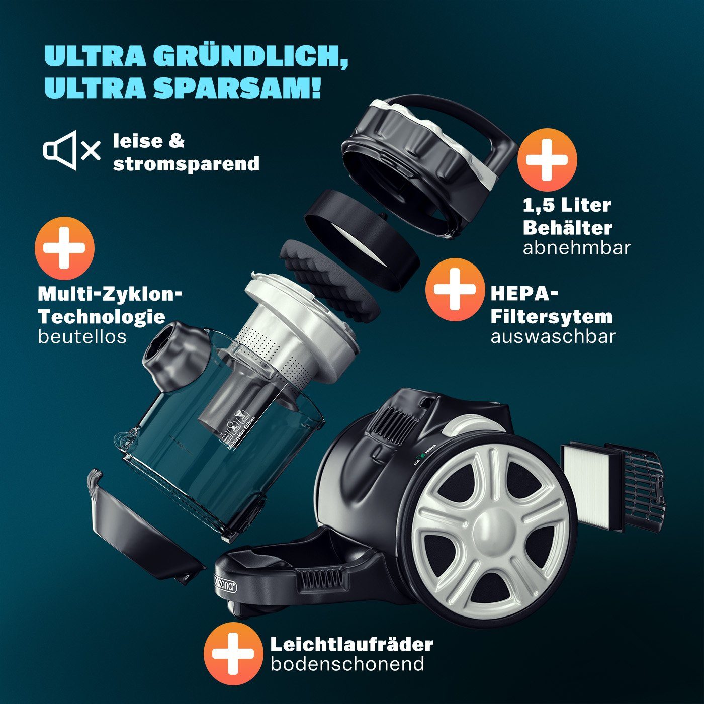 monzana Bodenstaubsauger, 900 W, ohne Beutel, 900W Beutellos 1,5L Behälter Bodenstaubsauger Kompakt HEPA Filter