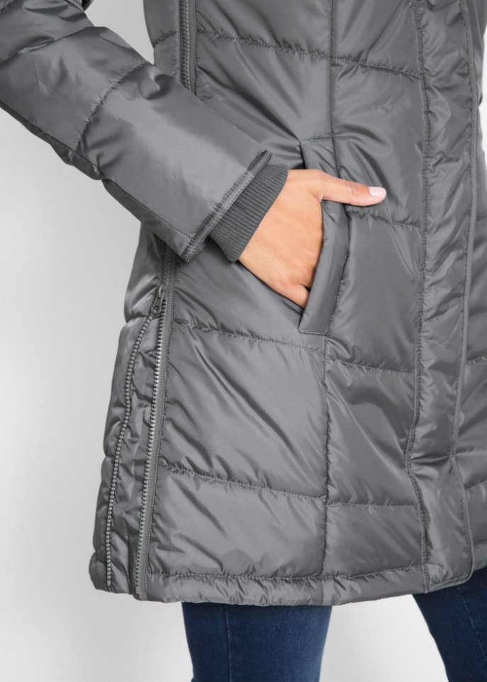 Long-Steppjacke, wattiert mit Kragen und Kapuze
