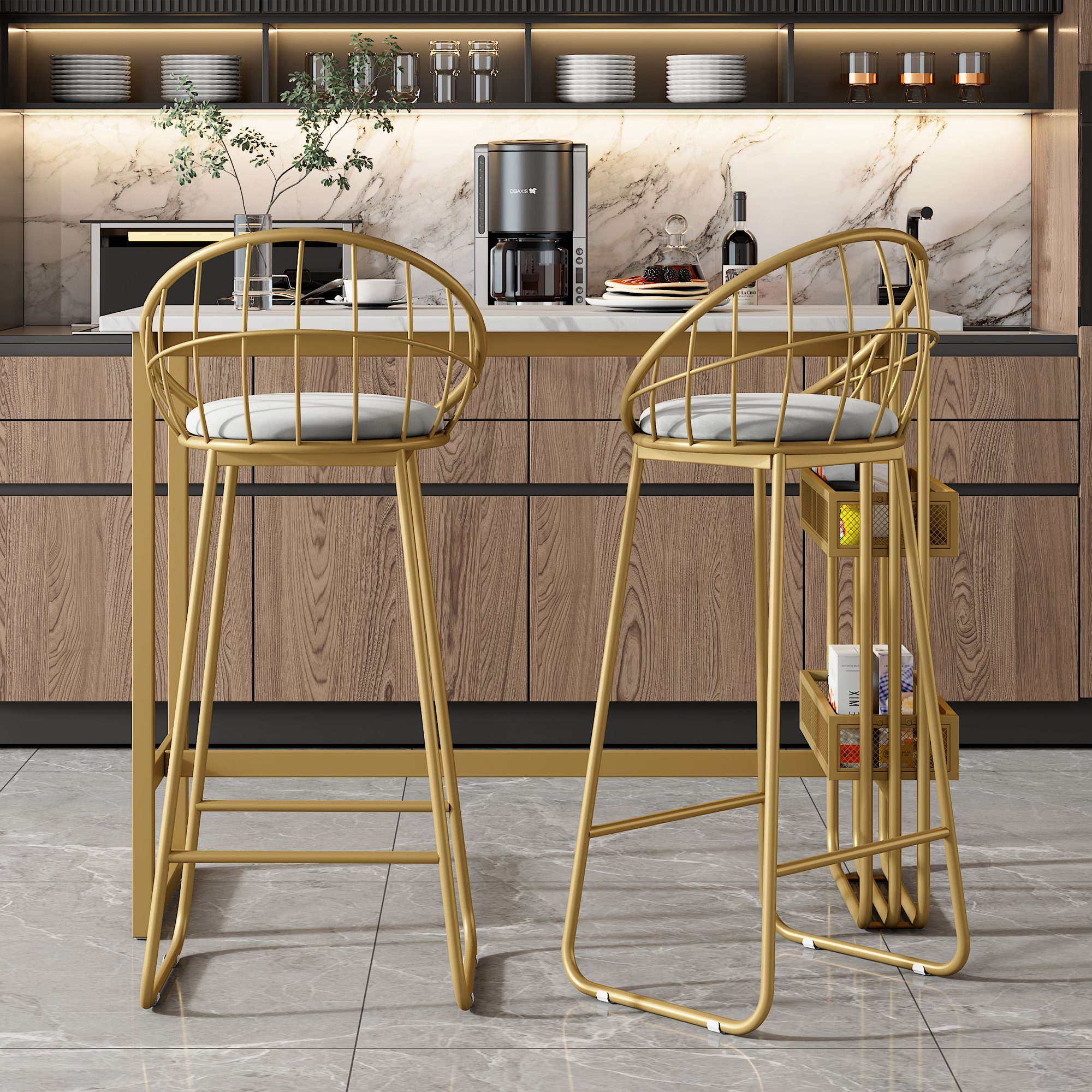 REDOM Bargruppe Stehtisch mit Lagerregal Barstühle Samt ​, (3-tlg), Bartisch mit 2er BarHocker Set