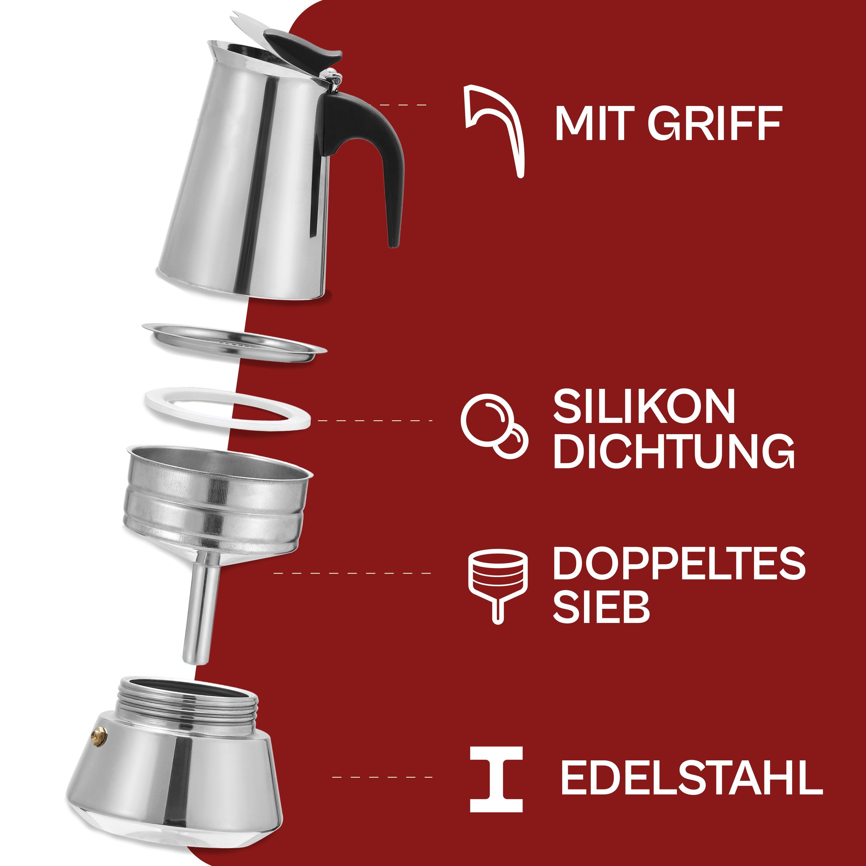 Cosumy Espressokocher Espressokocher 4 Tassen Induktion geeignet, Edelstahl - Mit Dosierlöffel und Bürste