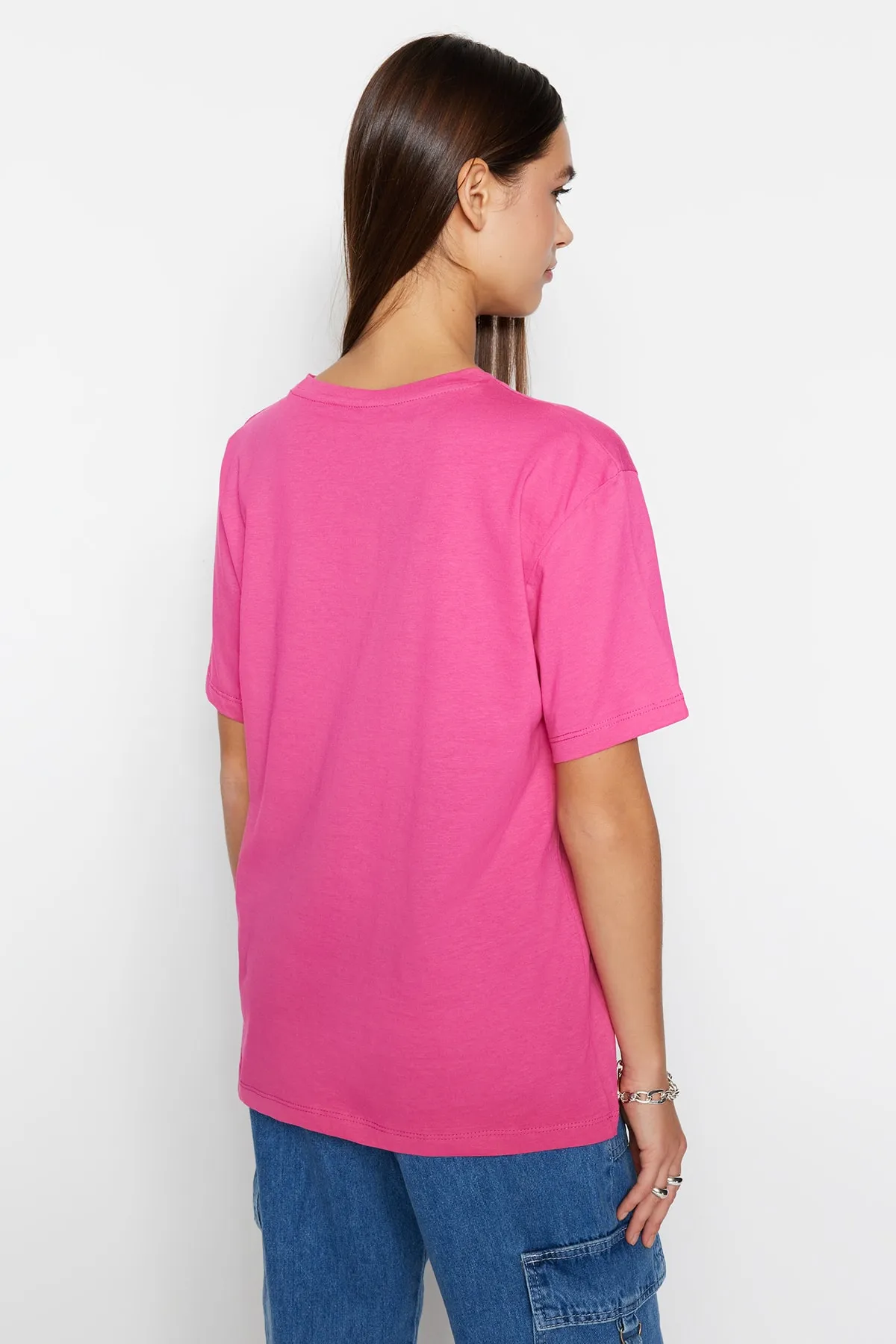 Trendyol Collection  Fuchsia, 100 % Baumwolle, Oversize/Weitform, Rundhals-Strick-T-Shirt TWOSS20TS0134