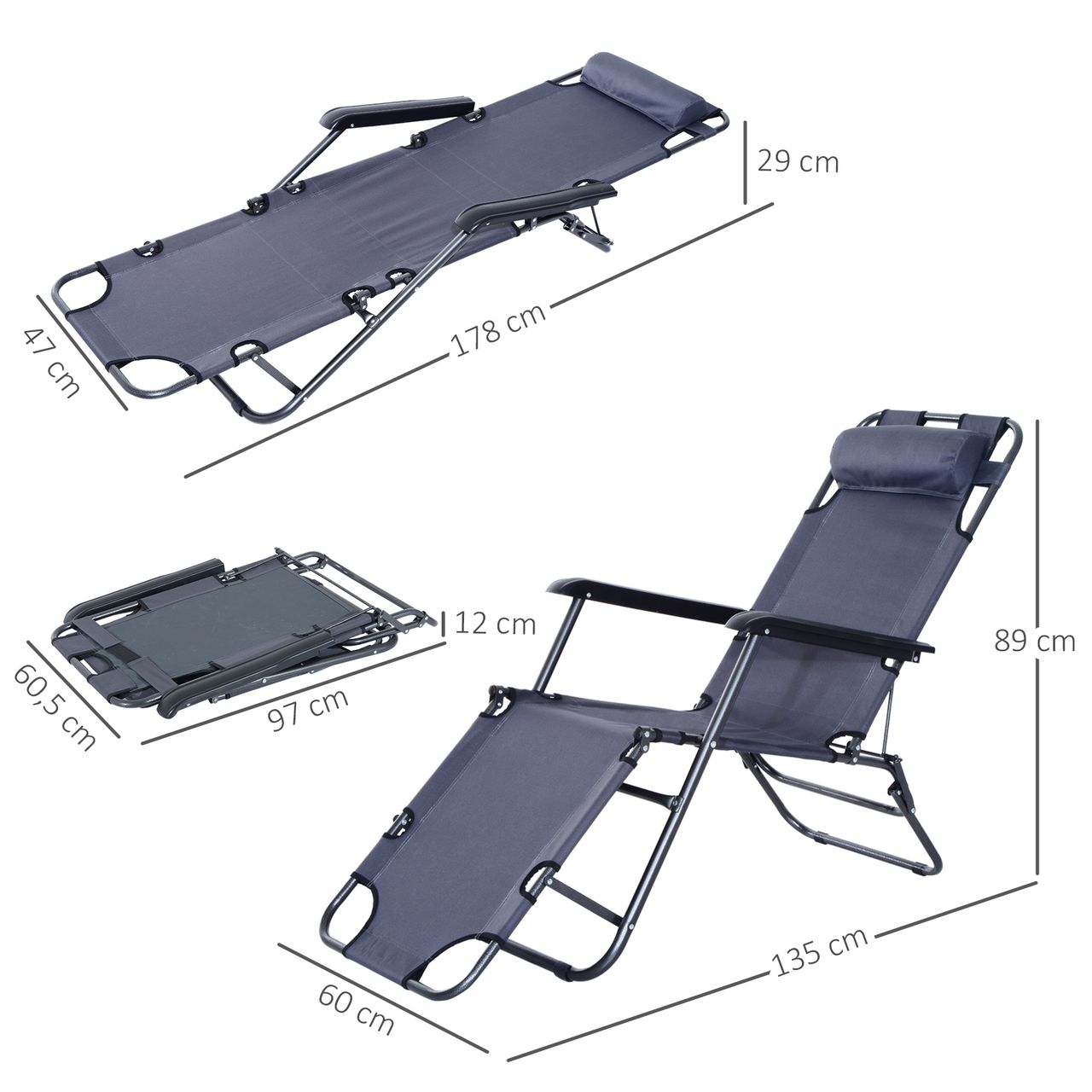 Outsunny Sonnenliege mit Kissen, Klappbare Strandliege, 2-Stufige Gartenliege , 2-in-1 Relaxliege, Metall   Oxfordstoff, Grau 135 x 60 x 89 cm