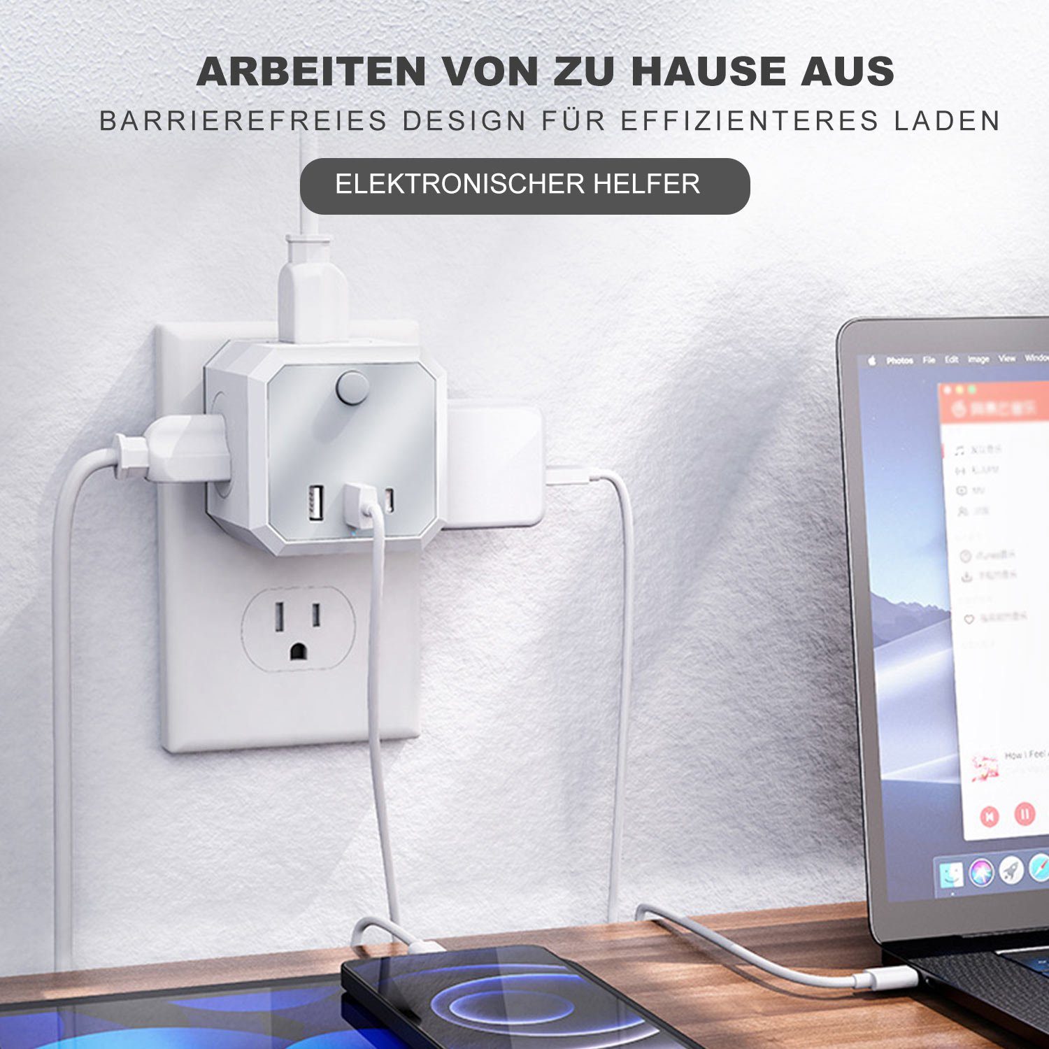 MAGICSHE Steckdose Steckdosenwürfel mit USB, 1X Zwischenstecker, Maximalstrom: 3,4 A, Ohne Kabel