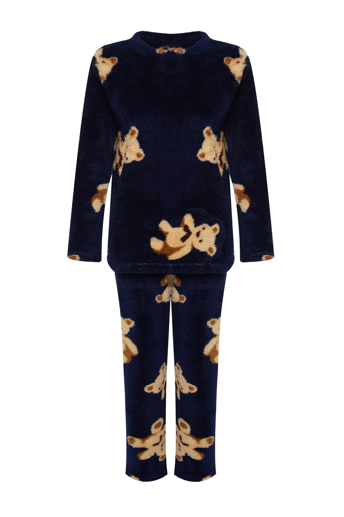Trendyol Collection  Marineblaues Pyjama-Set aus T-Shirt und Hose mit Teddybär-Muster aus Wellsoft-Strick THMAW24PT00263