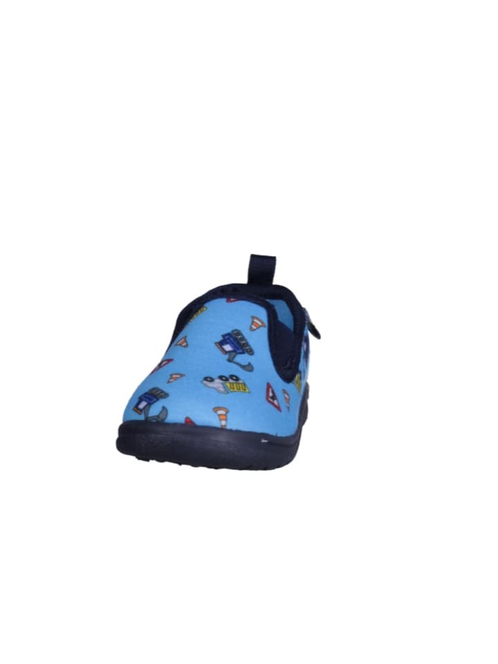 Playshoes Hausschuh Allover Baustelle in Blau günstig kaufen