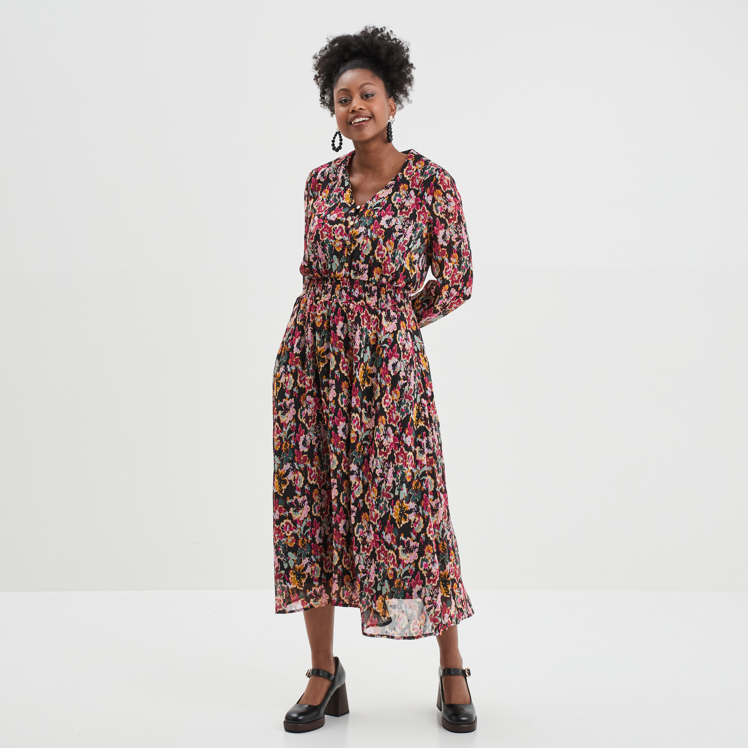 Robe longue taille smockée noir femme | La Halle