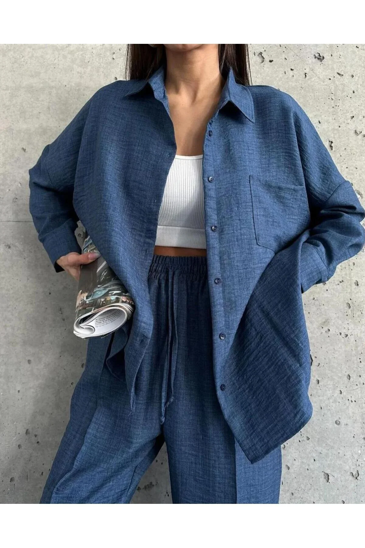 ZF BUTİK  Damen Set aus Hemd und Hose aus doppeltem Leinen in Blau