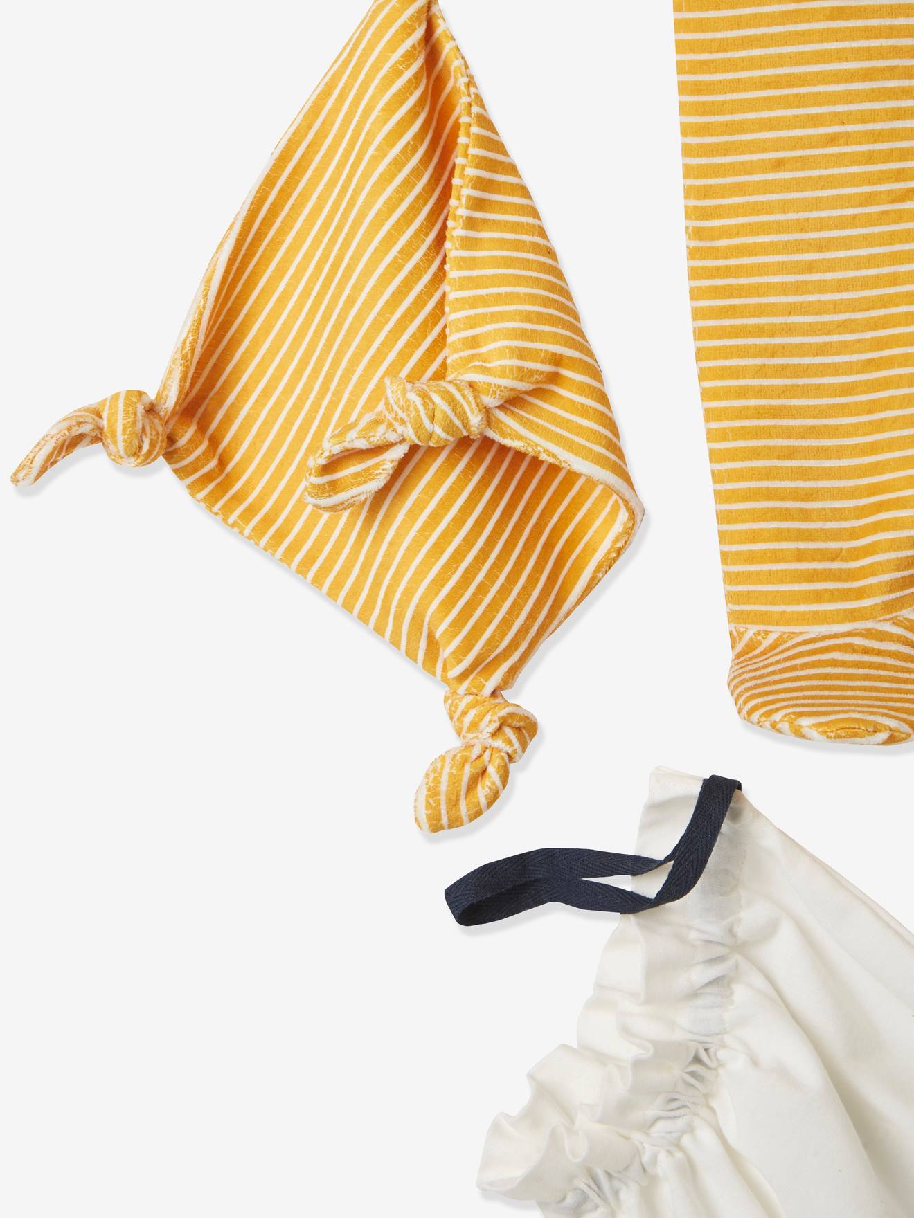 Kit naissance 5 pièces et sac rayé chat lot jaune épicé