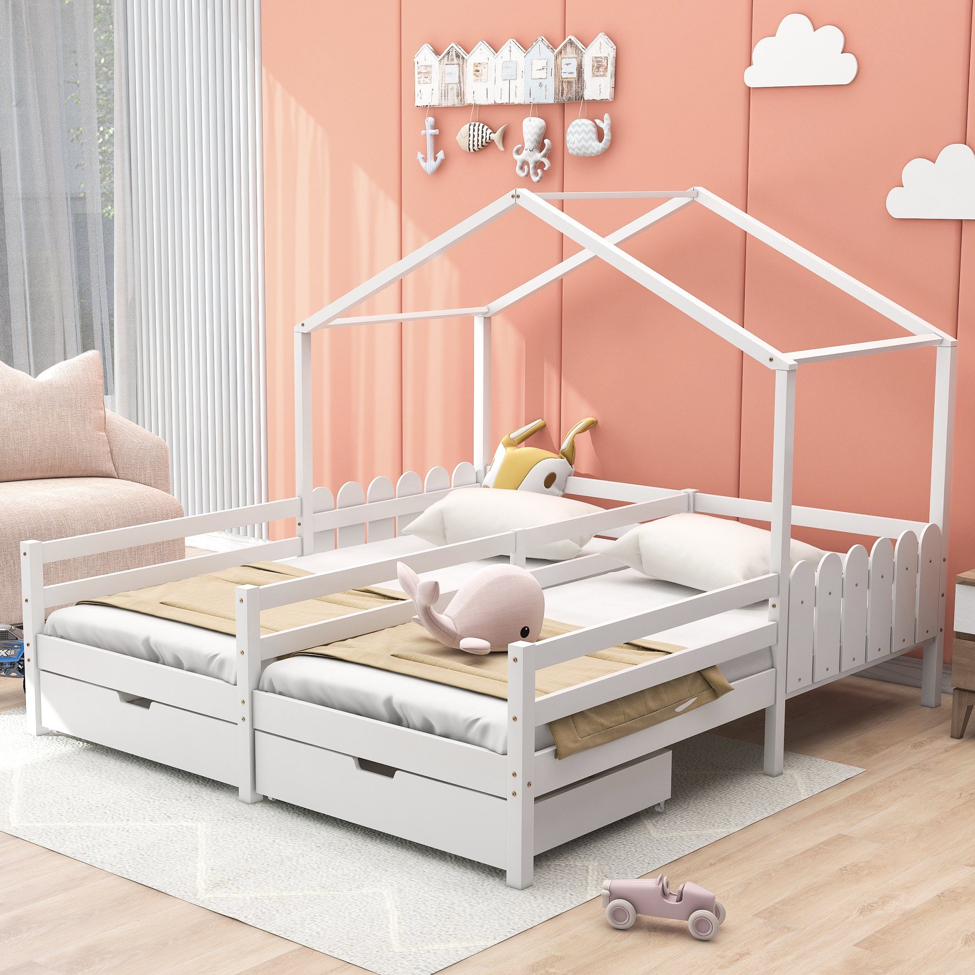 Flieks Massivholzbett, Hausbett Kinderbett Doppelbett 2 Schubladen 200x90cm