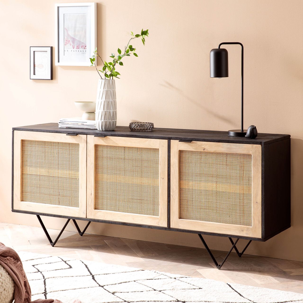 Wohnling Sideboard 175x75x45 cm Massivholz Rattan Anrichte Kommodenschrank