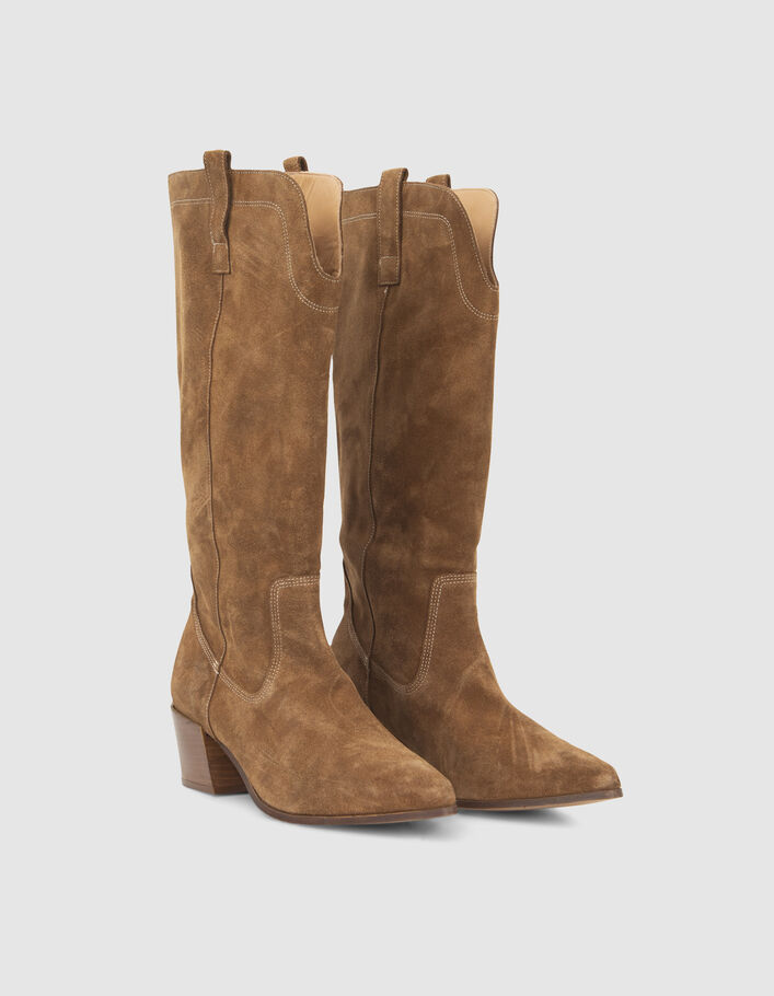 Bottes cognac cuir velours esprit santiag Femme