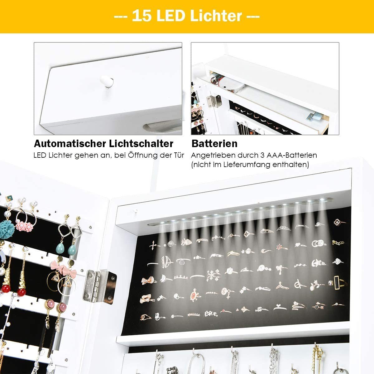 COSTWAY Schmuckschrank abschließbar, hängend Tür und Wandmontage, 15 LED