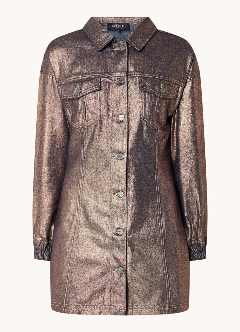 Refined Department Bibi denim mini dress with metallic finish and chest pockets